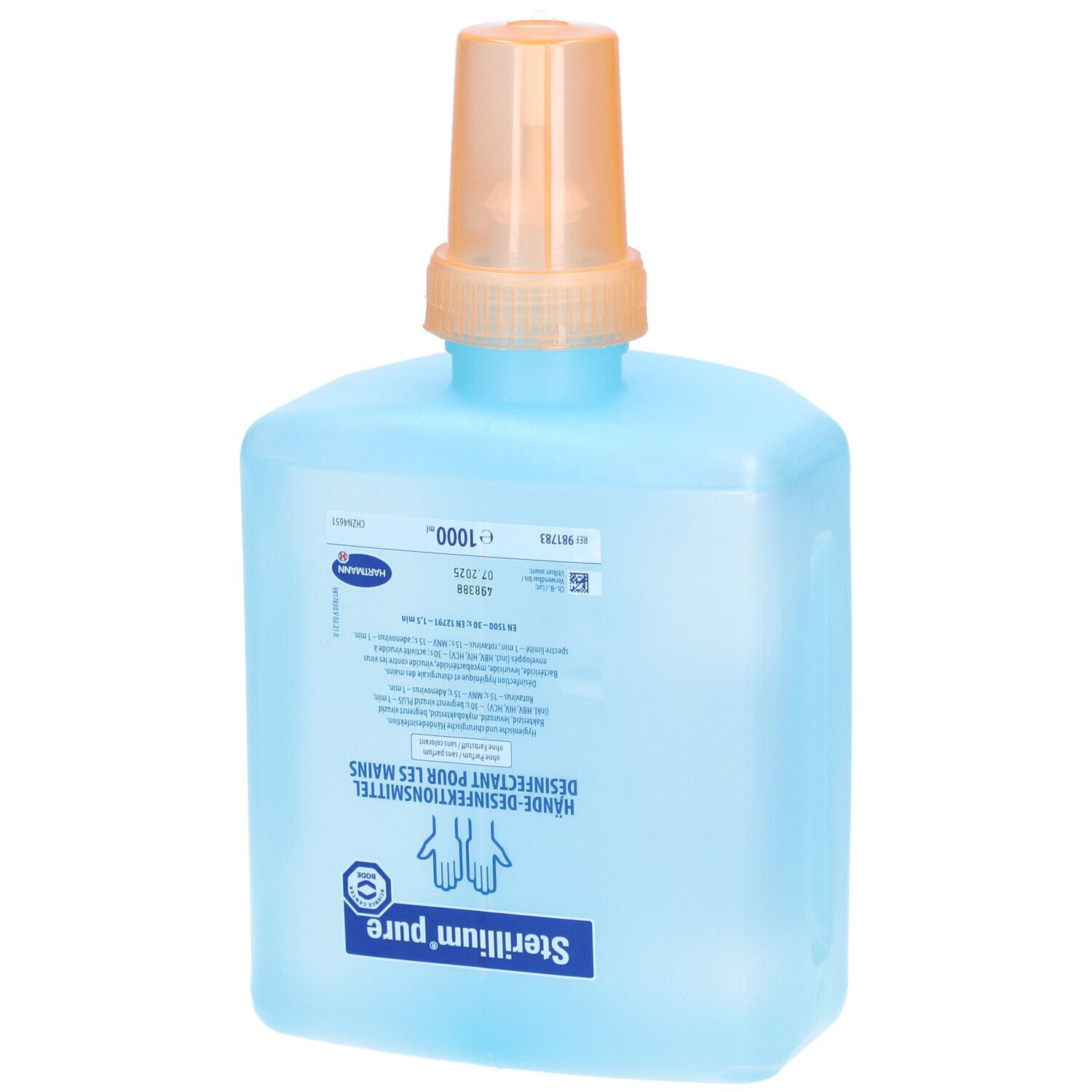Hellblaue Flasche mit orangefarbenem Spender. Aufschrift: Sterillium pure, Händedesinfektionsmittel. 1000ml.