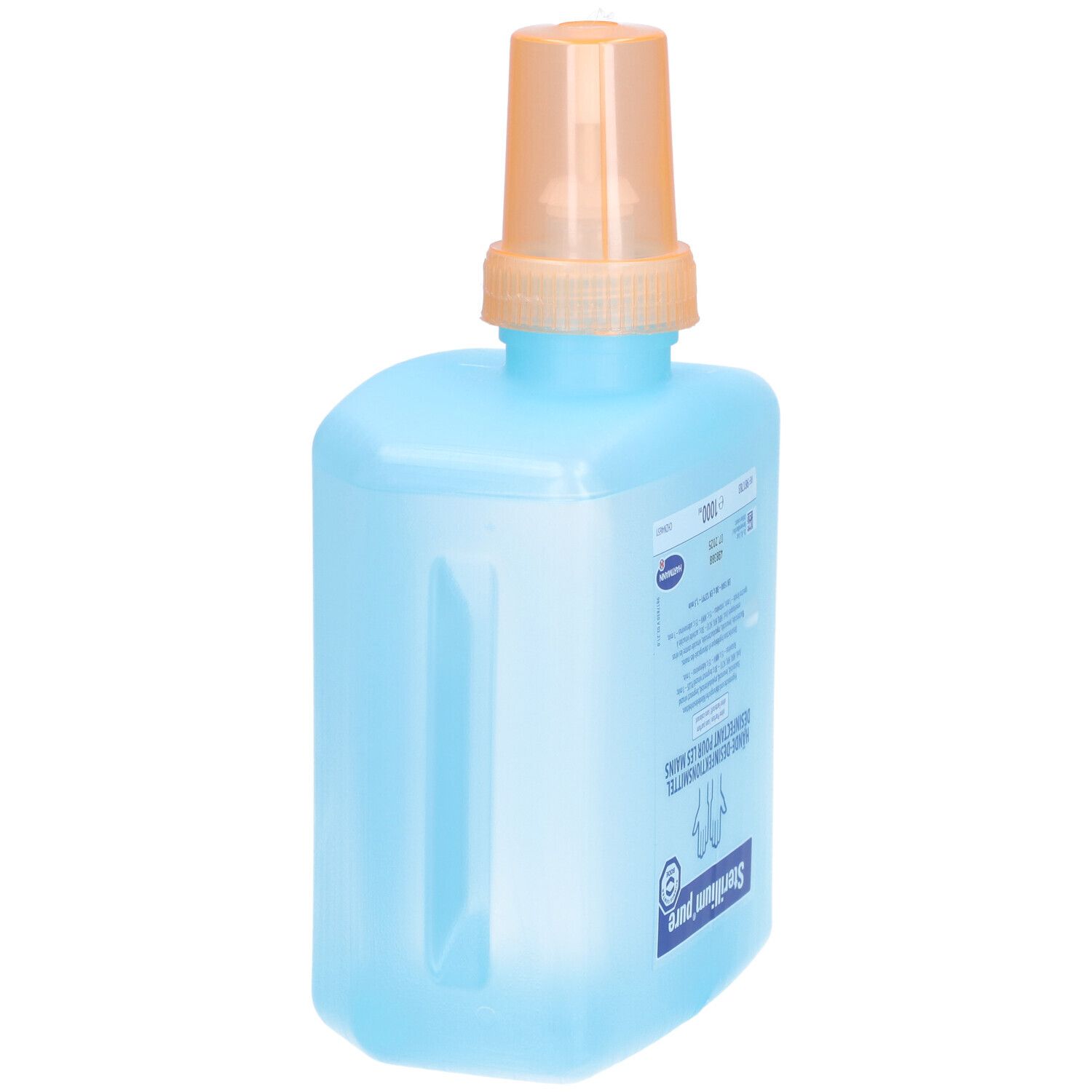 Hellblaue Flasche mit orangefarbenem Spender. Aufschrift: Sterillium pure, Händedesinfektionsmittel. Seitliche Griffmulde.