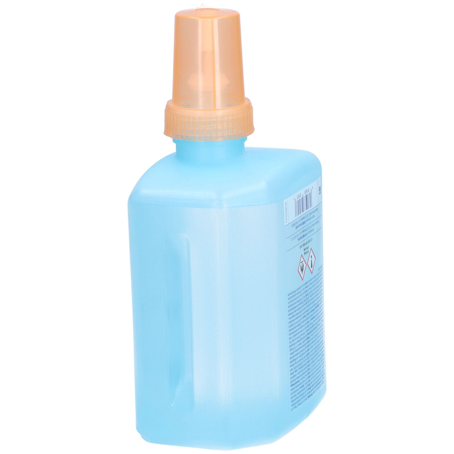 Hellblaue Flasche mit orangefarbenem Spender. Aufschrift: Sterillium pure, Händedesinfektionsmittel. Rückseite mit Etikett.