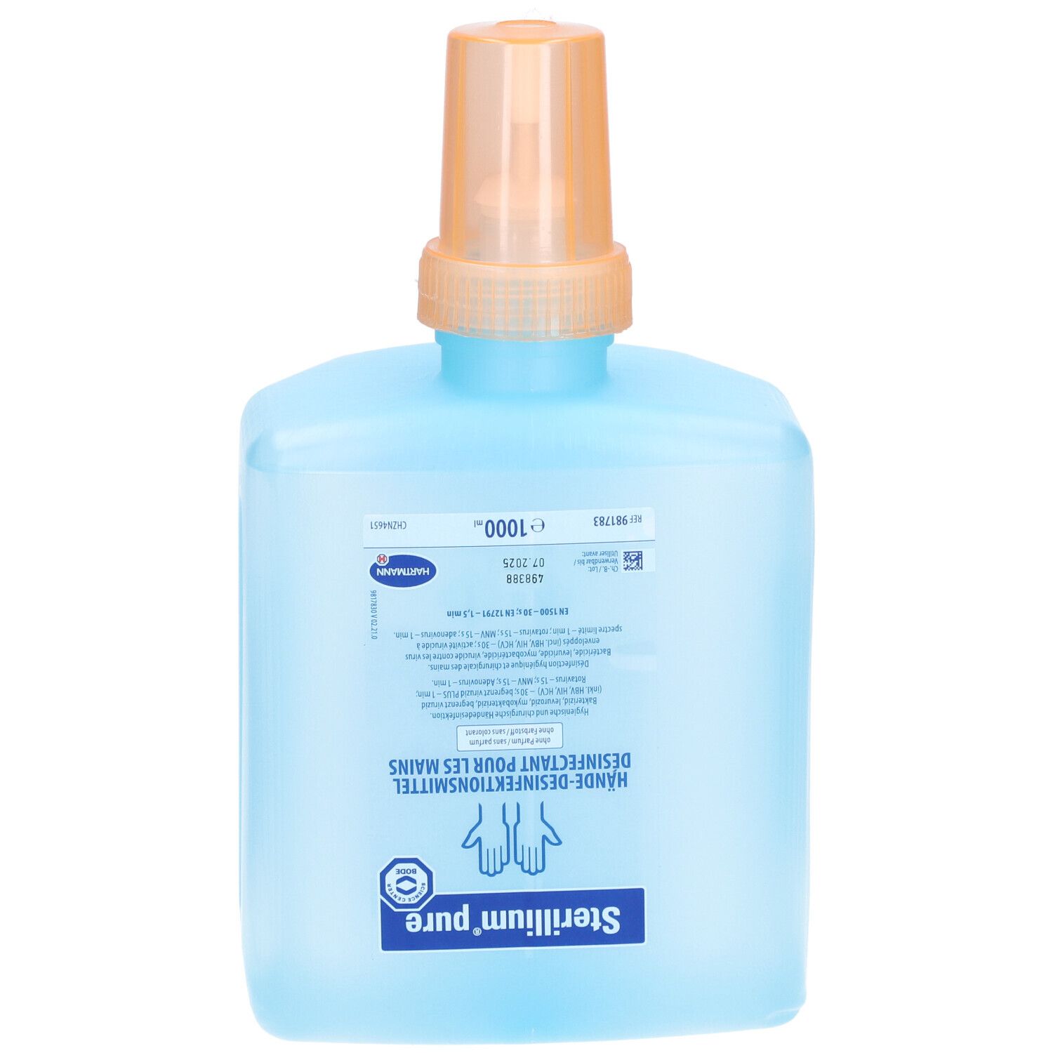 Hellblaue Flasche mit orangefarbenem Spender. Aufschrift: Sterillium pure, Händedesinfektionsmittel. 1000ml.