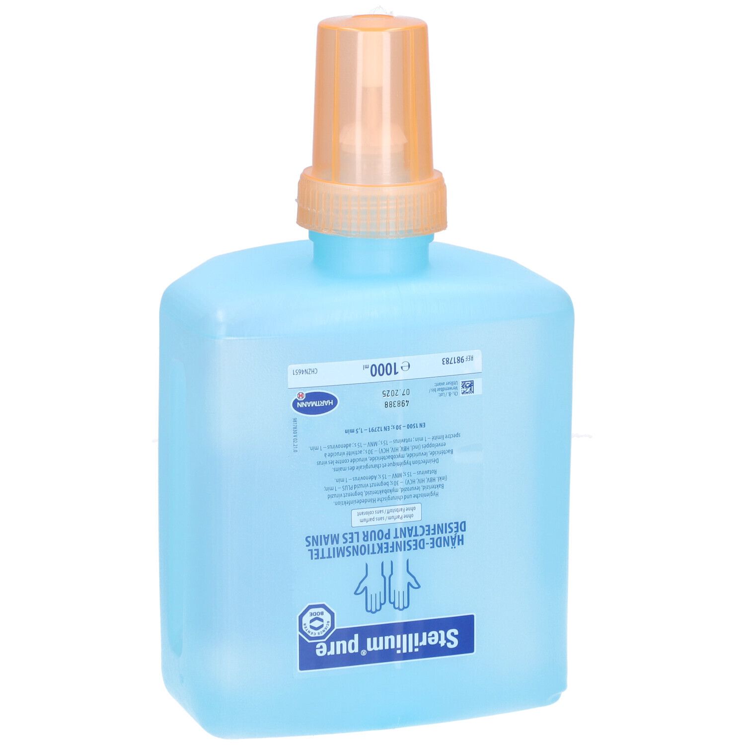 Hellblaue Flasche mit orangefarbenem Spender. Aufschrift: Sterillium pure, Händedesinfektionsmittel. 1000ml.