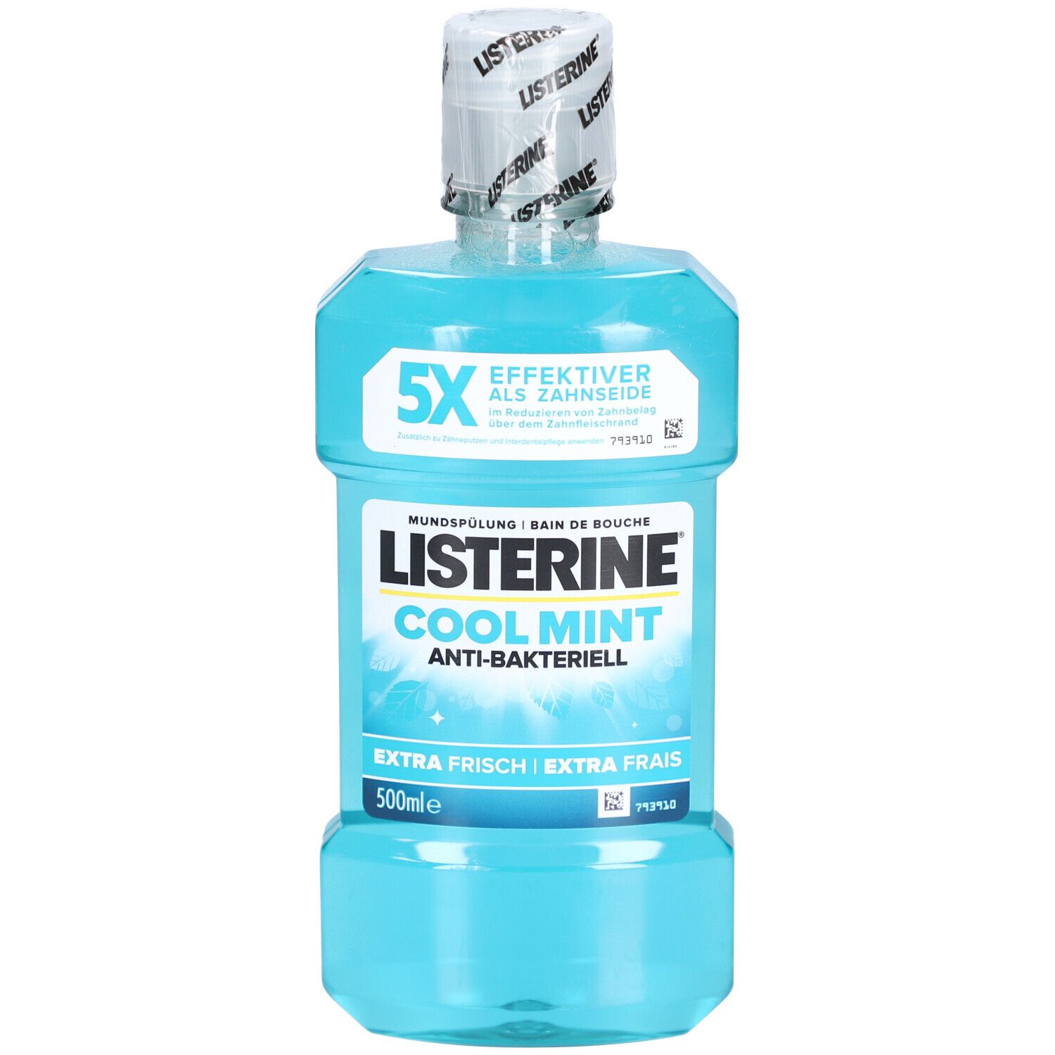 Blau-transparente Flasche mit weißem Verschluss. Aufschrift: Listerine Cool Mint, Anti-Bakteriell, Extra Frisch. 5X effektiver als Zahnseide.