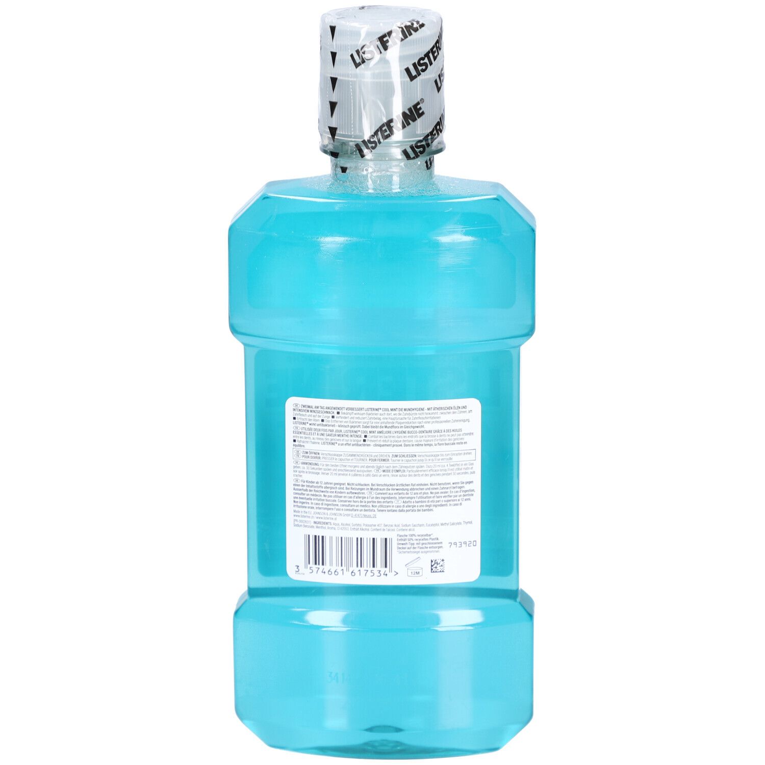 Rückansicht einer blau-transparenten Flasche mit weißem Verschluss. Enthält Textinformationen und einen Barcode.