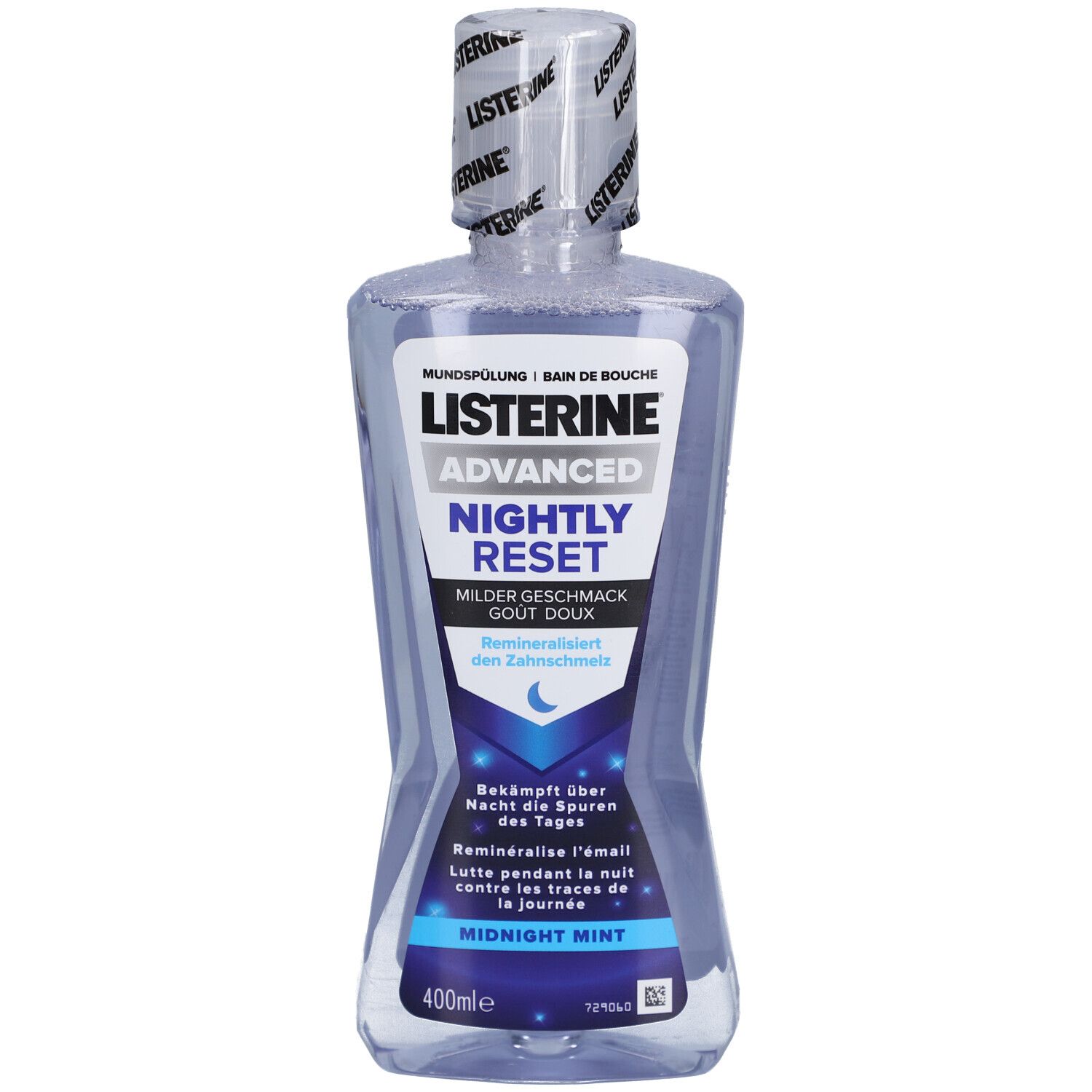 Mundspülung Listerine Advanced Nightly Reset. Flasche mit blauer Flüssigkeit. Aufschrift: Midnight Mint, 400ml.