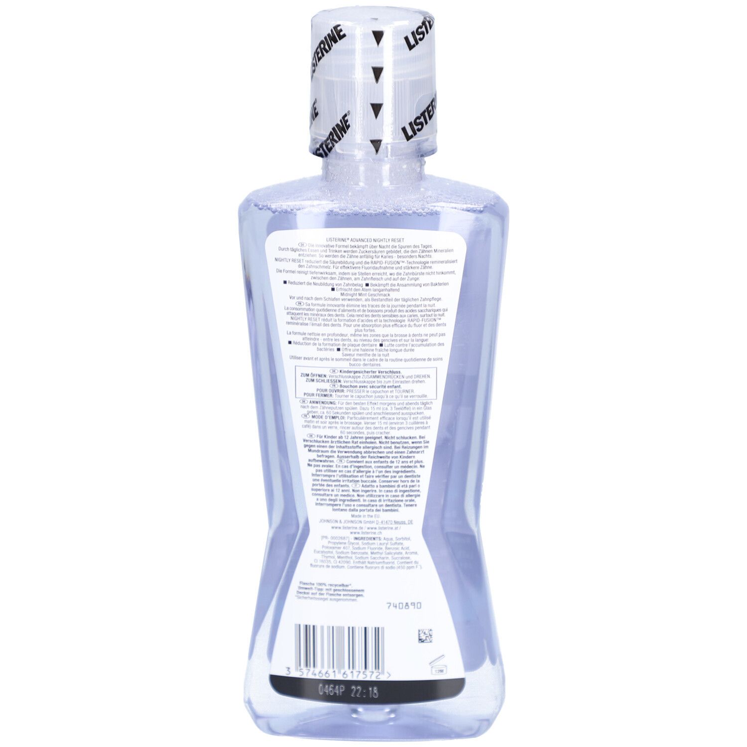 Rückseite der Listerine Advanced Nightly Reset Mundspülung. Text in mehreren Sprachen. Barcode und Chargennummer.