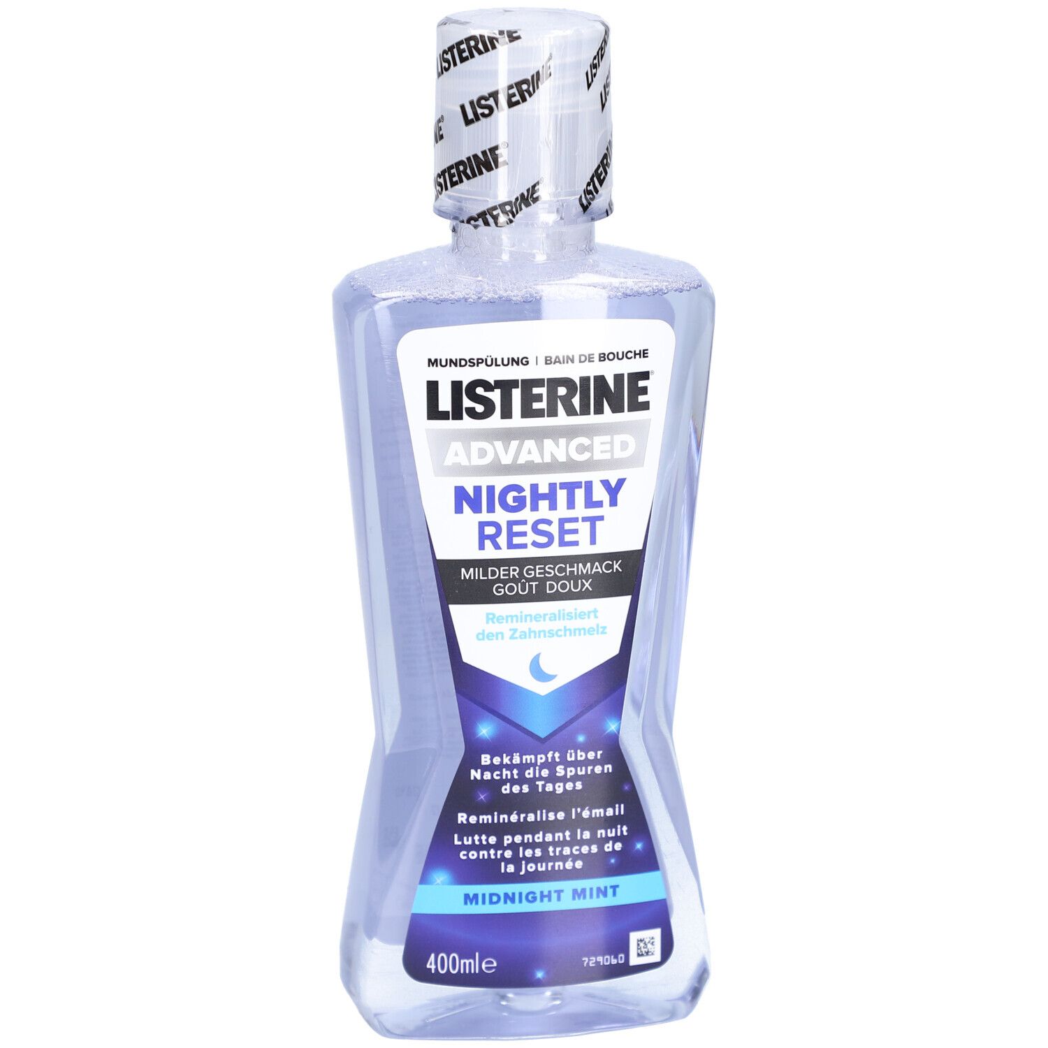 Listerine Advanced Nightly Reset Mundspülung. Flasche mit blauer Flüssigkeit. Aufschrift: Midnight Mint, 400ml.