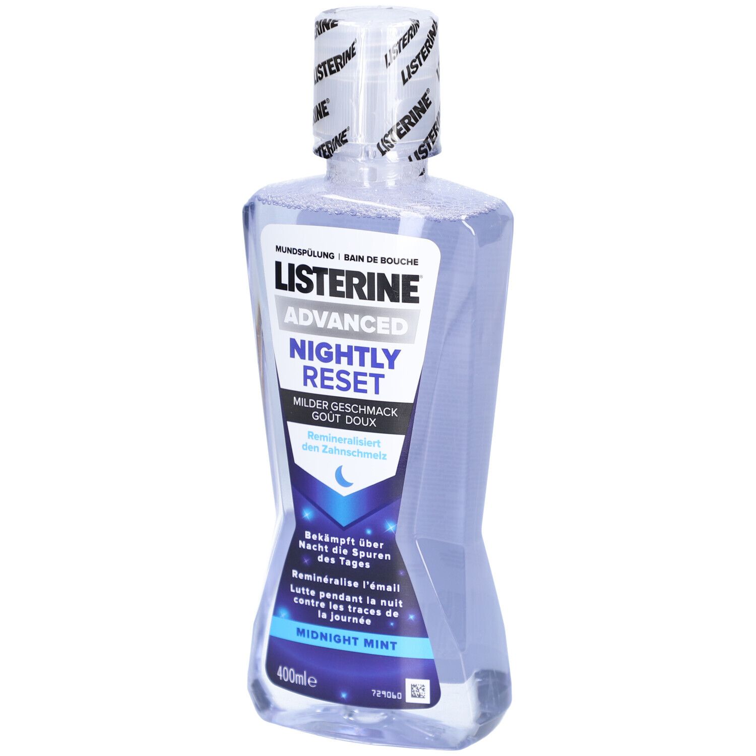Listerine Advanced Nightly Reset Mundspülung. Flasche mit blauer Flüssigkeit. Aufschrift: Midnight Mint, 400ml.