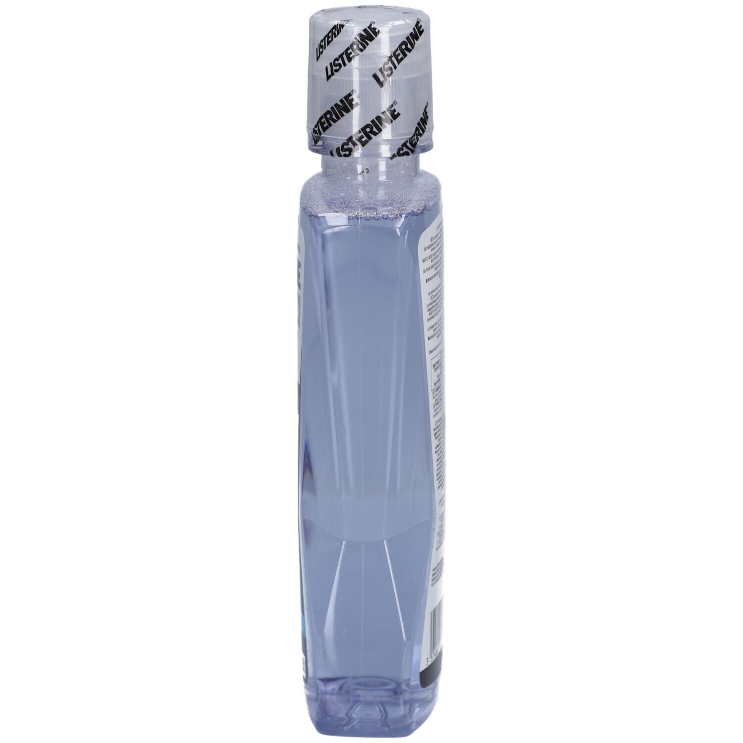 Listerine Advanced Nightly Reset Mundspülung. Flasche mit blauem Inhalt. Blick von der Seite. Verschluss mit Listerine-Schriftzug.