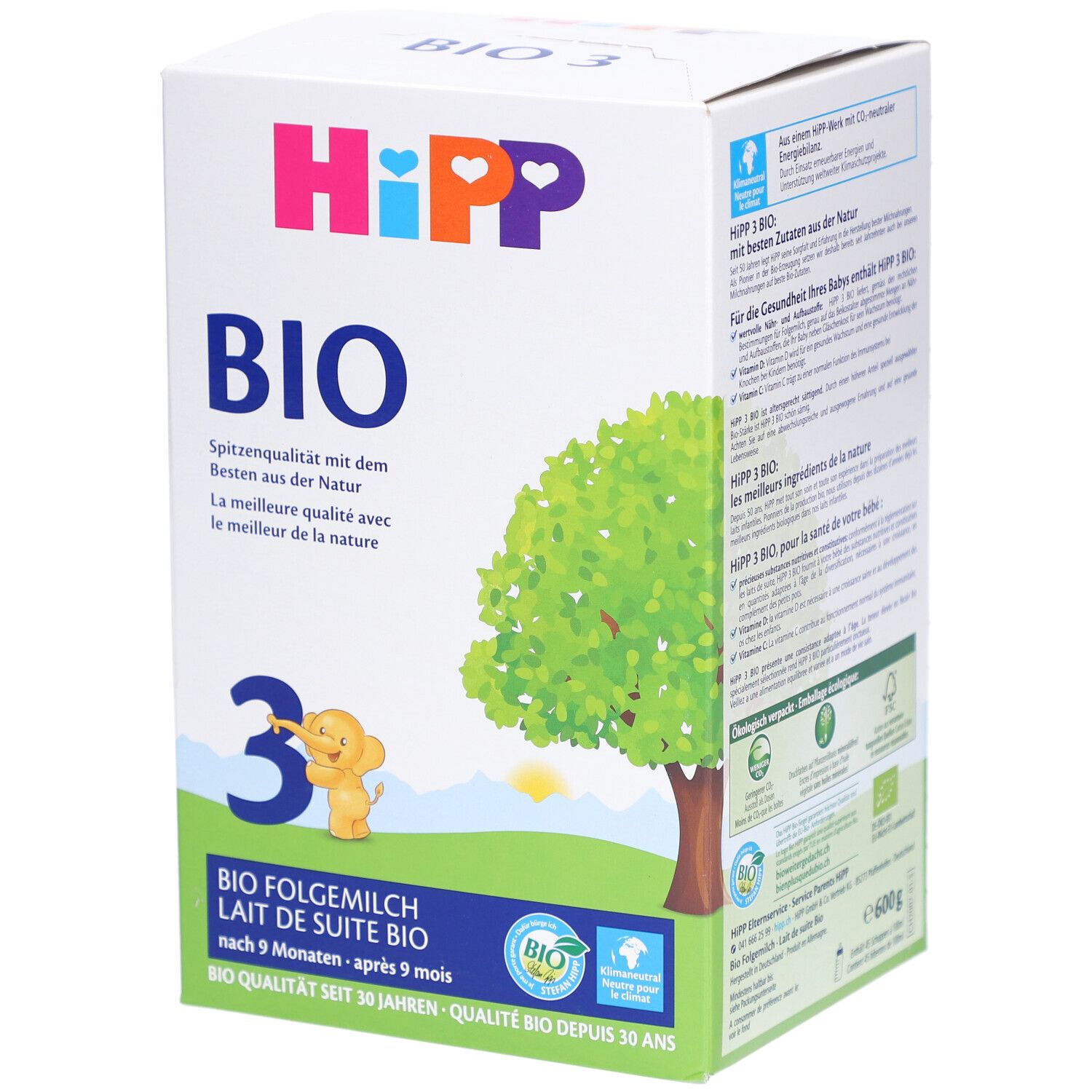 Boîte de lait de suite HIPP BIO 3. Inscriptions : BIO, 3, arbre, éléphant, textes en allemand et français. Label bio.