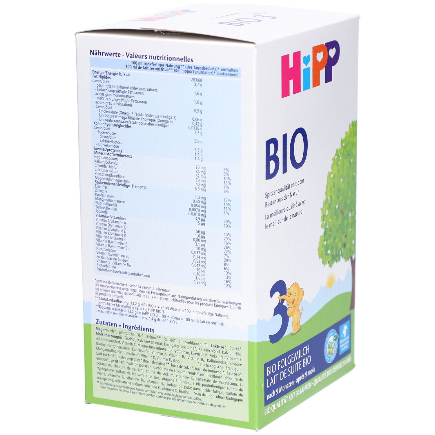 Dos de la boîte de lait de suite HIPP BIO 3. Tableau nutritionnel, liste des ingrédients, textes en allemand. Label bio.