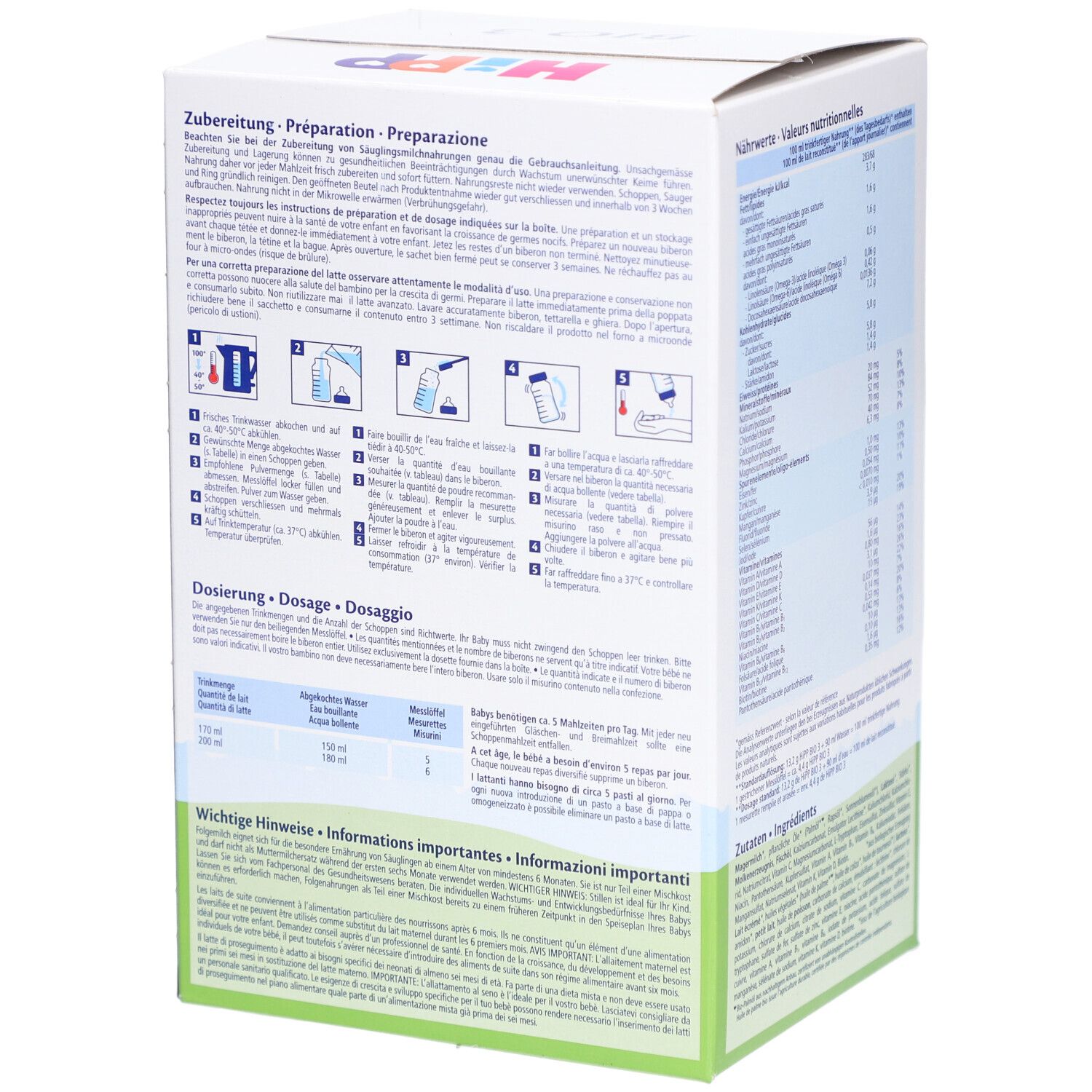 Côté de la boîte de lait de suite HIPP BIO 3. Instructions de préparation, dosage, liste des ingrédients, textes en allemand et français.