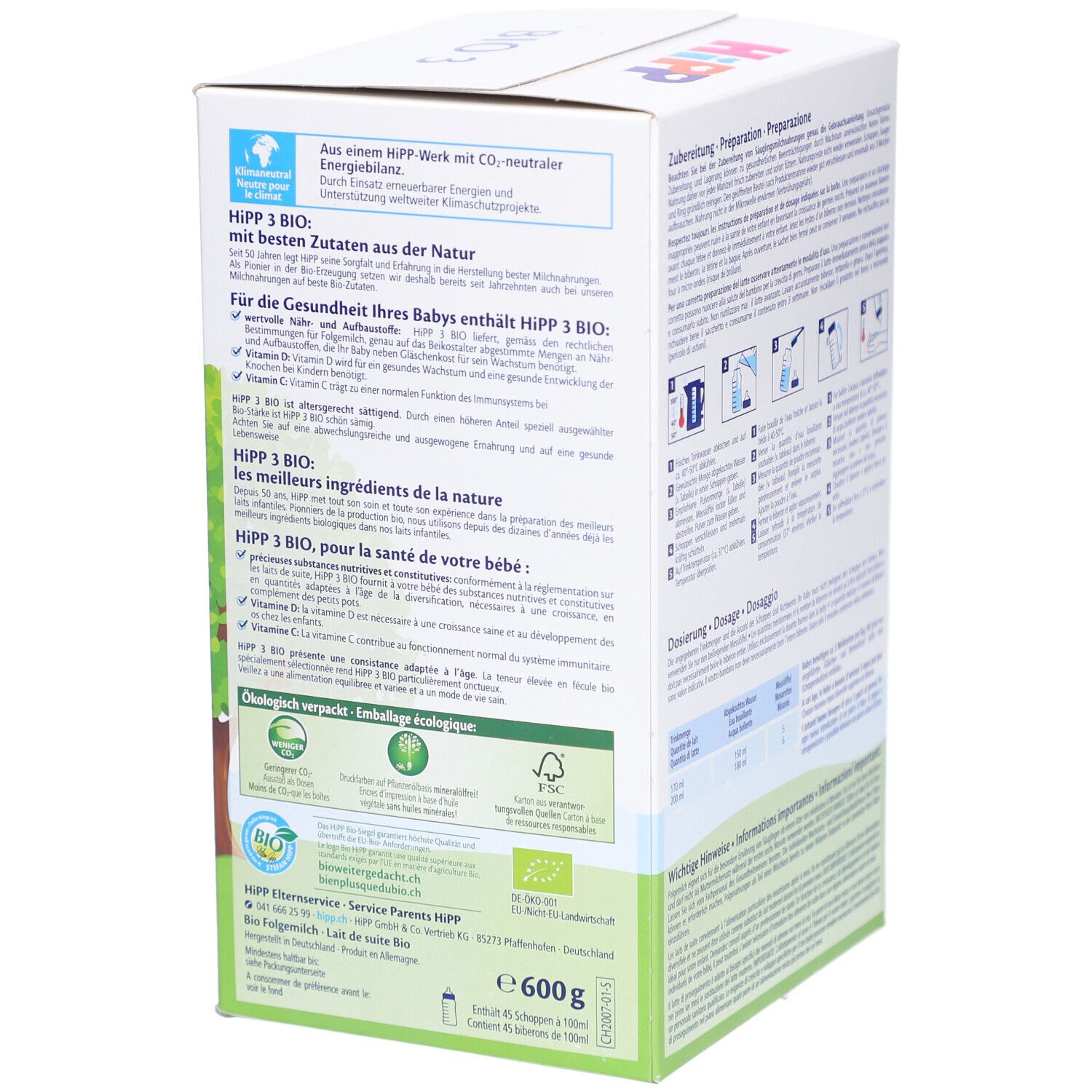 Côté de la boîte de lait de suite HIPP BIO 3. Textes en allemand et français. Label bio, label FSC, neutre en CO2.