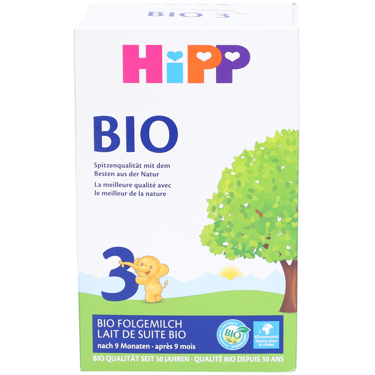 Face avant de la boîte de lait de suite HIPP BIO 3. Inscriptions : BIO, 3, arbre, éléphant, textes en allemand et français. Label bio.