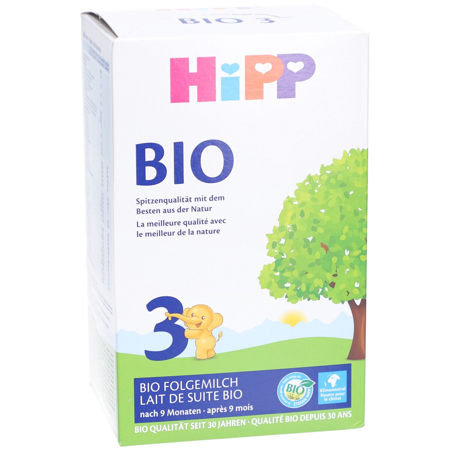 Face avant de la boîte de lait de suite HIPP BIO 3. Inscriptions : BIO, 3, arbre, éléphant, textes en allemand et français. Label bio.