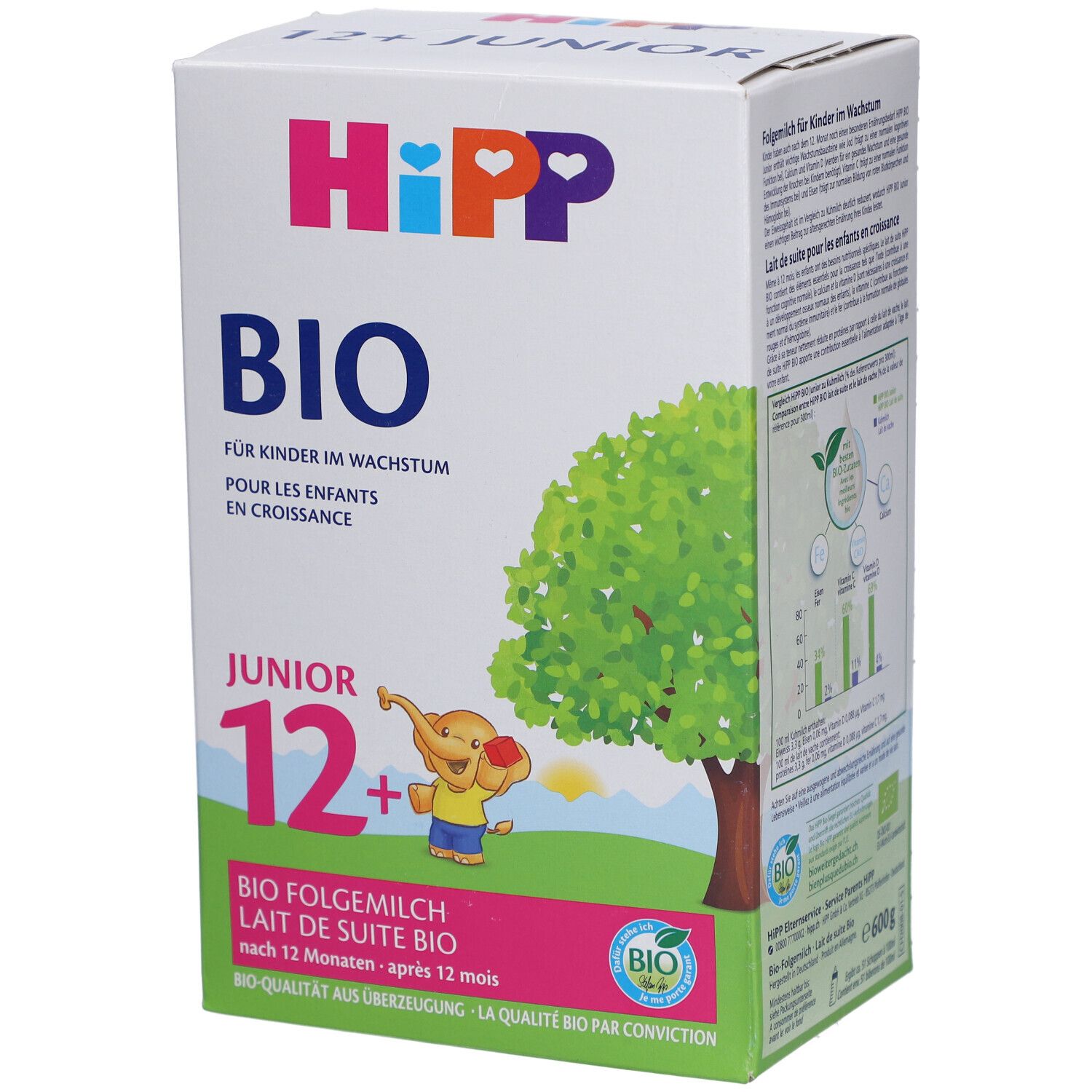 Boîte de lait de suite HIPP Bio Junior 12+. Qualité BIO, illustration d'arbre et d'éléphant. Texte : BIO, Junior 12+.