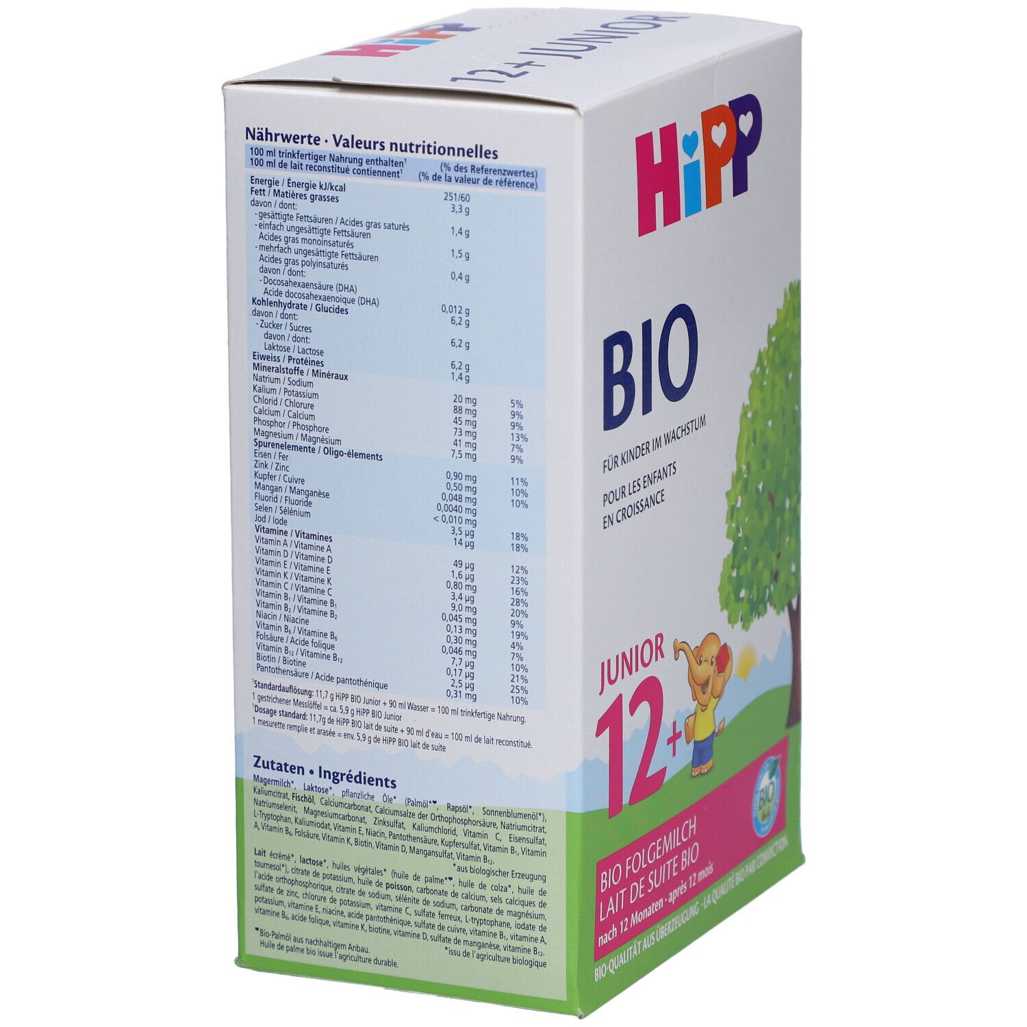 Boîte HIPP Bio Junior 12+. Tableau nutritionnel et liste des ingrédients. Texte : Valeurs nutritionnelles, Ingrédients.