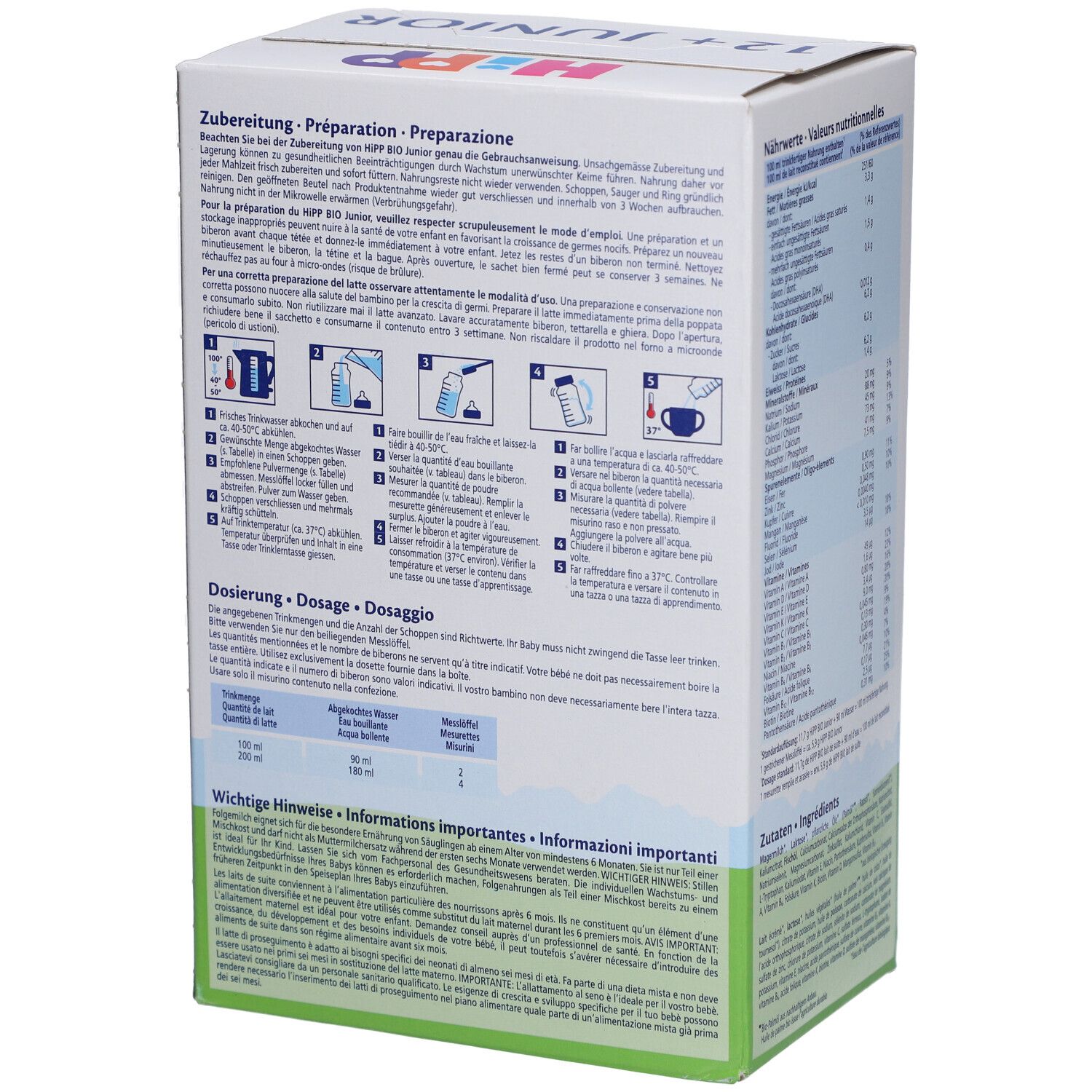 Boîte HIPP Bio Junior 12+. Instructions de préparation et dosage. Texte : Préparation, Dosage, Informations importantes.