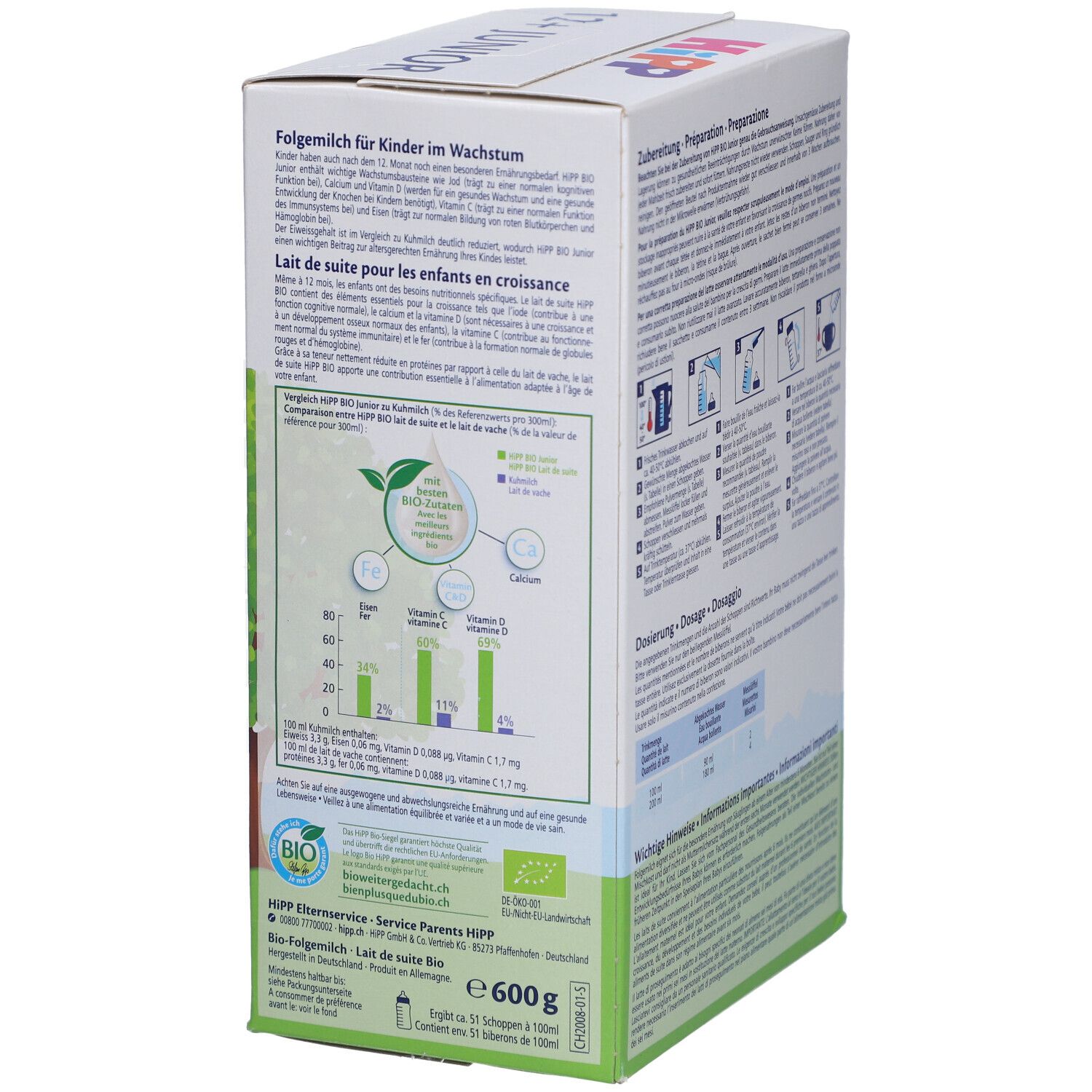 Boîte HIPP Bio Junior 12+. Informations sur la composition. Texte : Lait de suite pour enfants en croissance, qualité BIO.