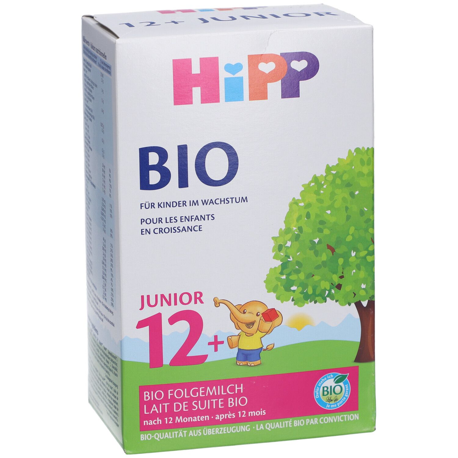 Boîte de lait de suite HIPP Bio Junior 12+. Qualité BIO, illustration d'arbre et d'éléphant. Texte : BIO, Junior 12+.