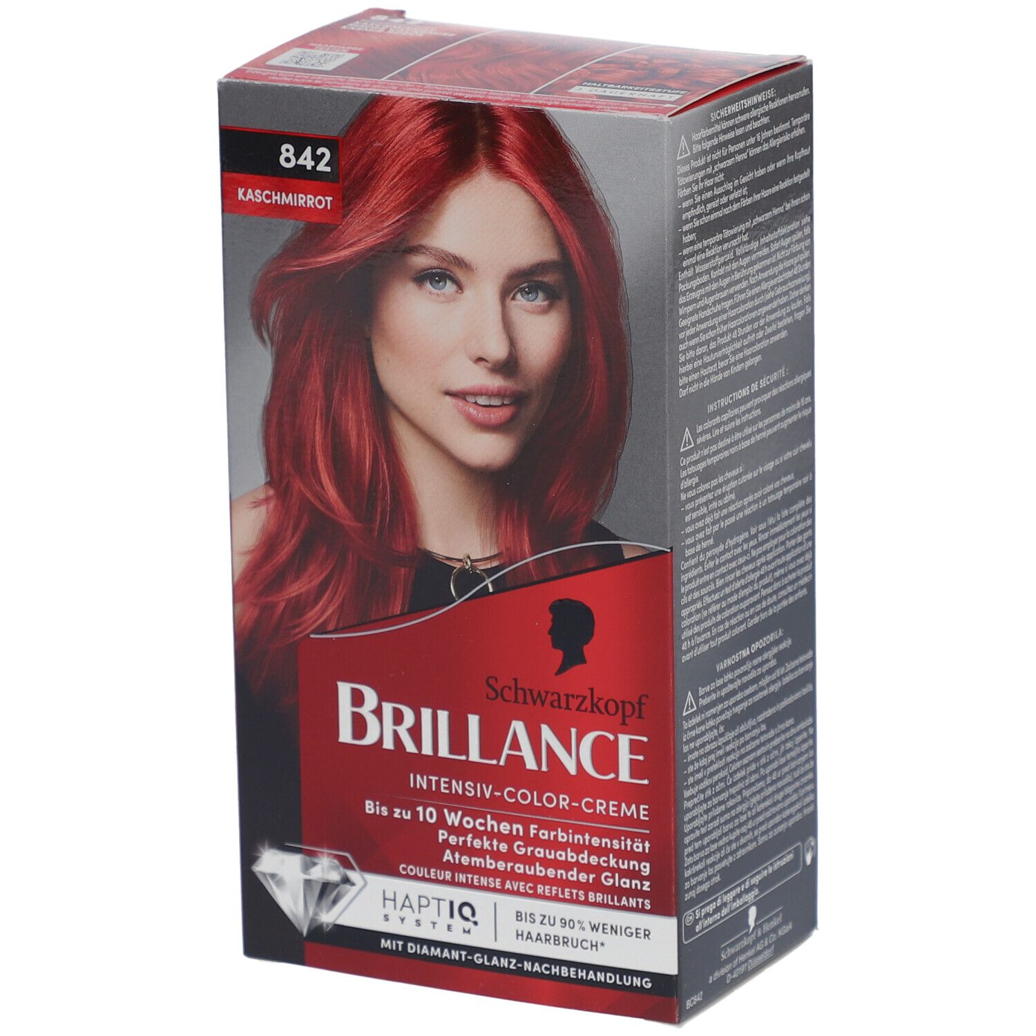 Schwarzkopf Brilliance Haarfarbe, Farbton 842 Kaschmirrot. Verpackung mit Model und Produktinformationen.