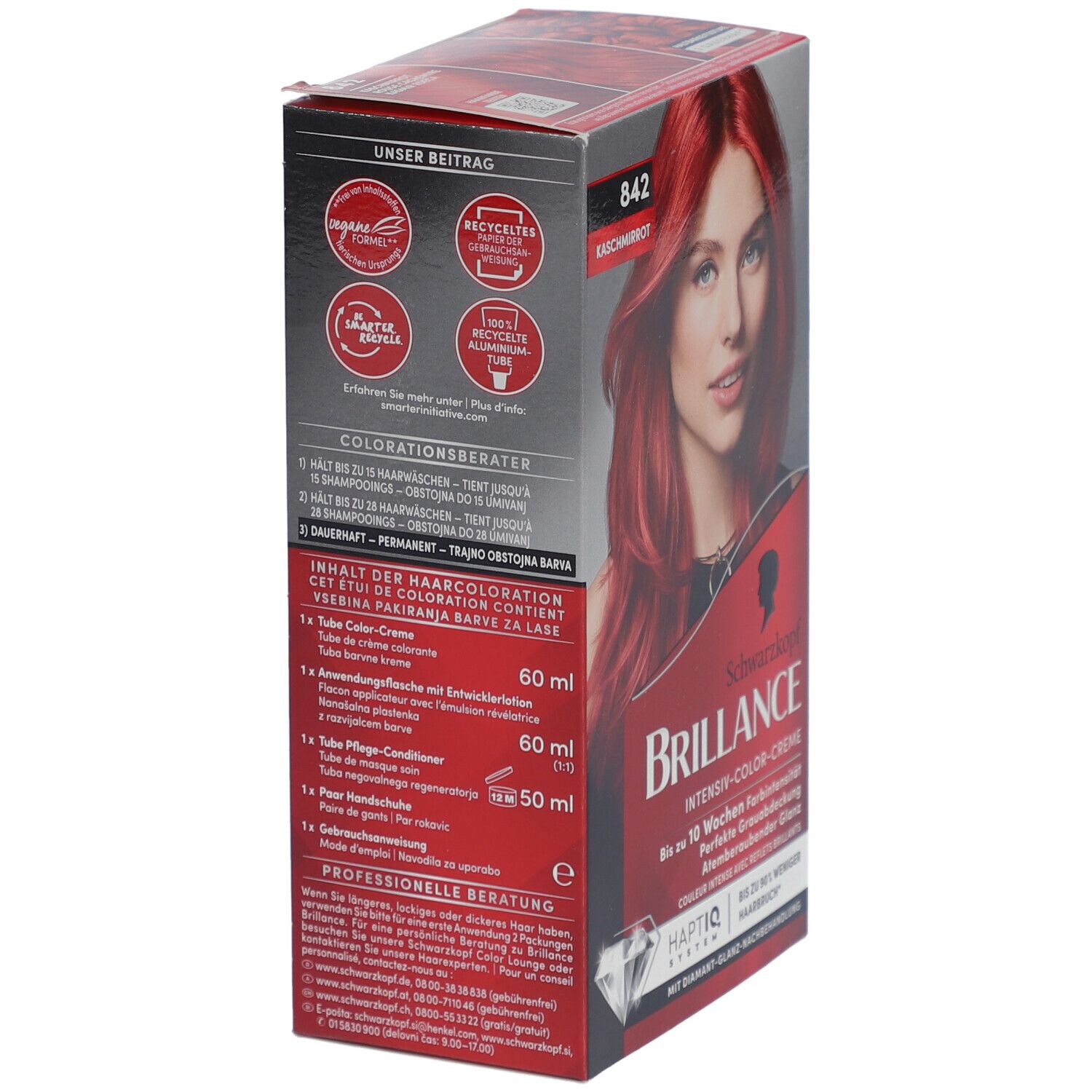 Seitenansicht der Haarfarbenverpackung. Enthält Informationen zu Inhaltsstoffen und Anwendung.