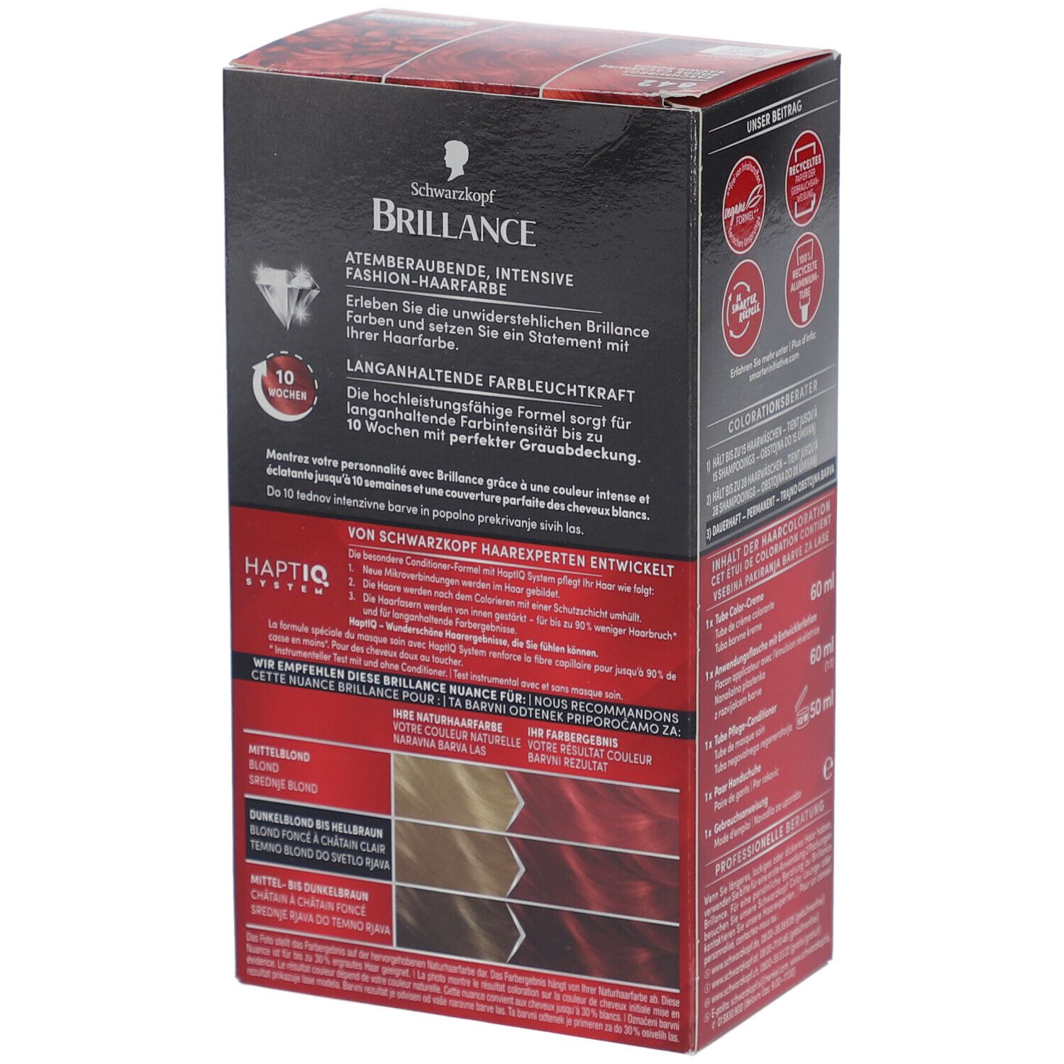 Rückseite der Haarfarbenverpackung. Enthält Informationen zu Farbergebnissen und Inhaltsstoffen.