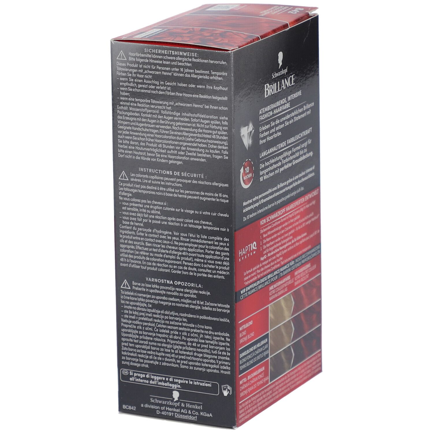 Seite der Haarfarbenverpackung mit Sicherheits- und Anwendungshinweisen.