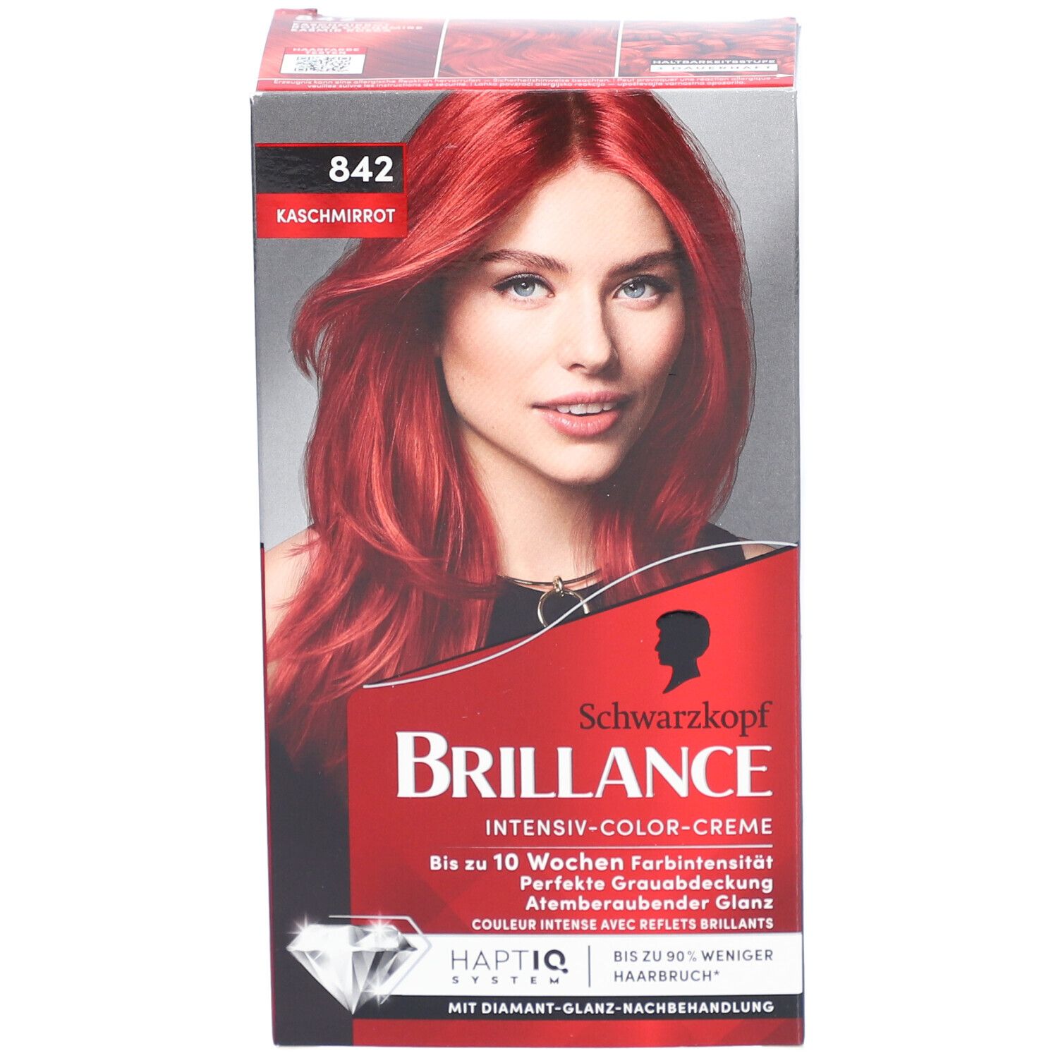 Vorderansicht der Haarfarbenverpackung. Zeigt Model mit gefärbten Haaren und Produktinformationen.