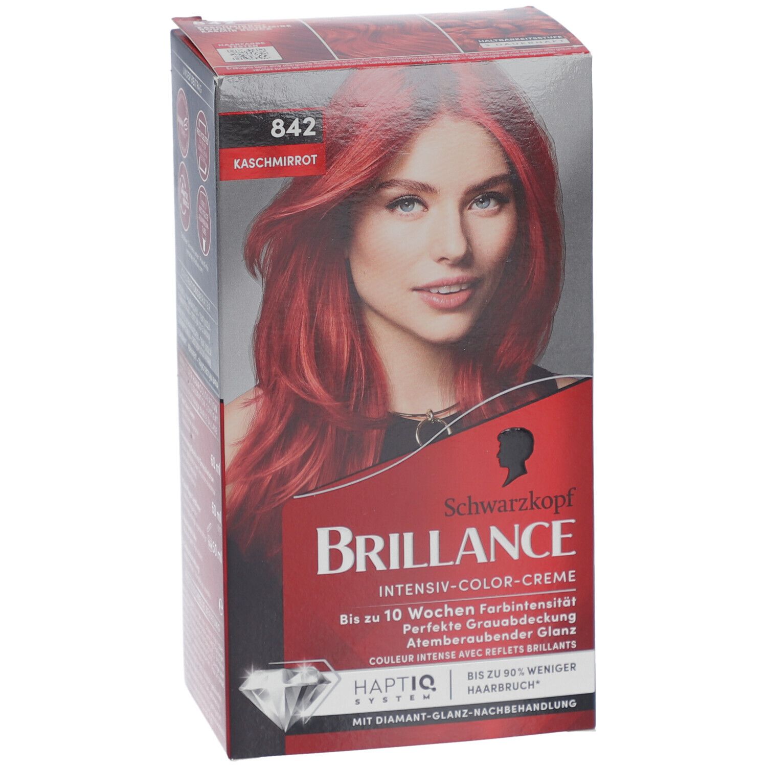 Vorderansicht der Haarfarbenverpackung. Zeigt Model mit gefärbten Haaren und Produktinformationen.