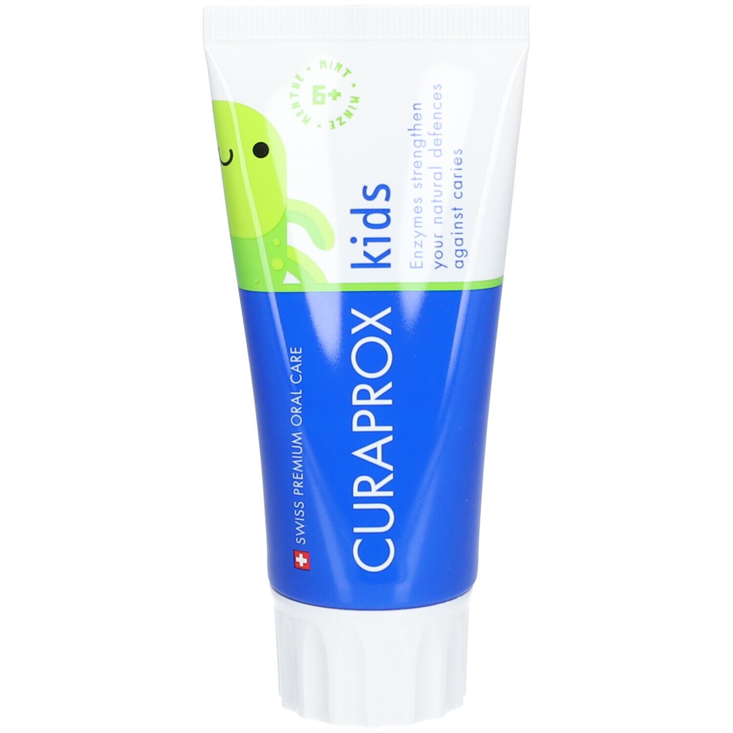 Zahnpasta-Tube, blau-weiß. CURAPROX Kids, 6+. Enthält Enzyme zur Stärkung der natürlichen Abwehr gegen Karies.