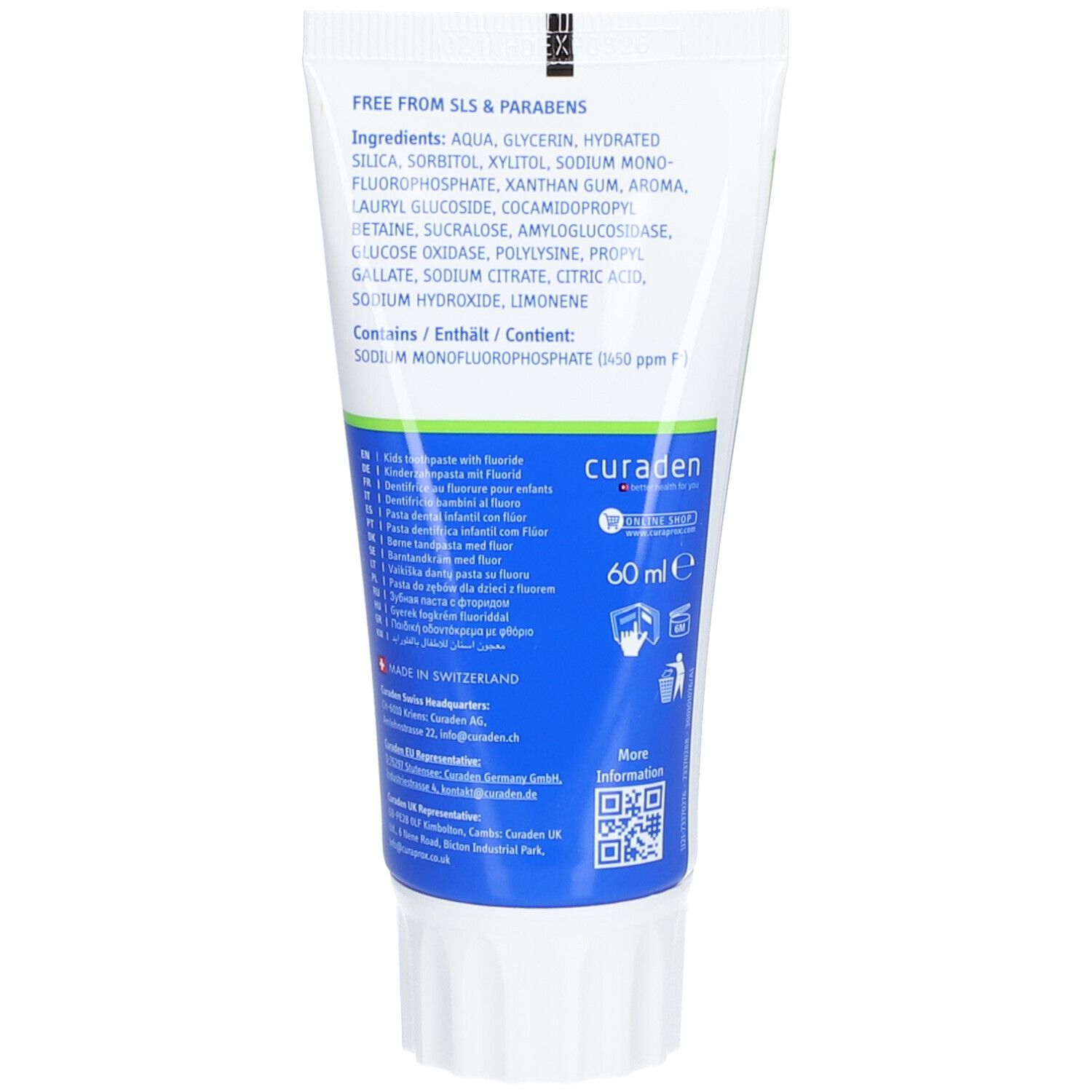 Rückseite der Zahnpasta-Tube. Enthält Inhaltsstoffe, 60 ml, hergestellt in der Schweiz. Enthält Natriummonofluorphosphat.