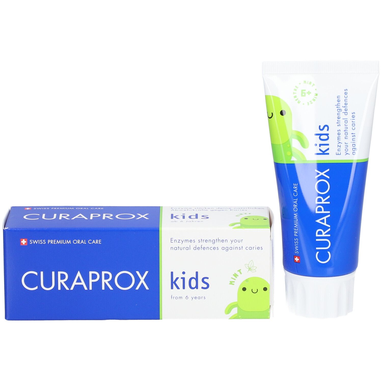 Zahnpasta-Tube und zwei Schachteln. CURAPROX Kids, 6+. Enthält Enzyme zur Stärkung der natürlichen Abwehr gegen Karies.
