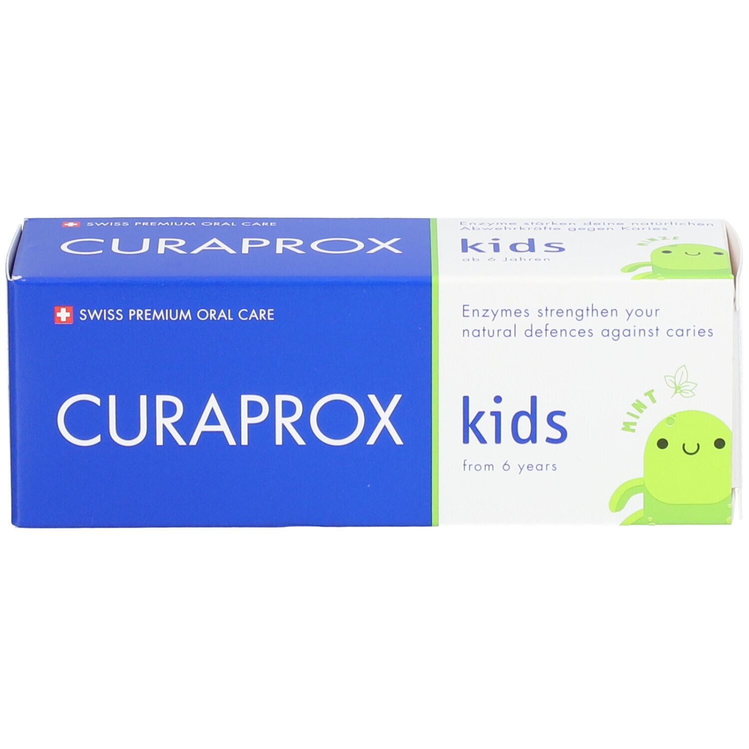 Blaue Schachtel, CURAPROX Kids, 6+. Enthält Enzyme zur Stärkung der natürlichen Abwehr gegen Karies. Grünes Cartoon-Monster.