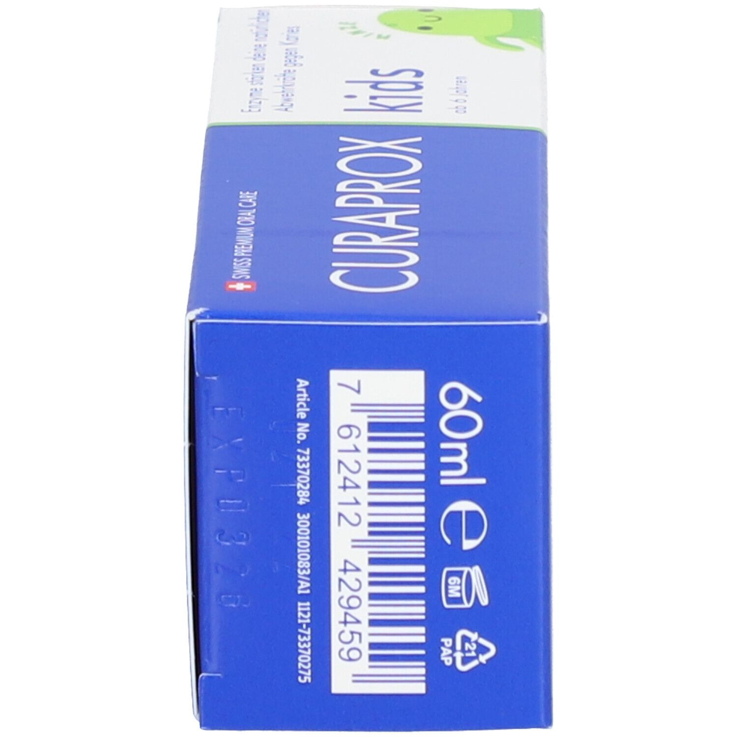 Blaue Schachtel, CURAPROX Kids, 60ml. Enthält Informationen und Symbole. Artikelnummer und Verfallsdatum.