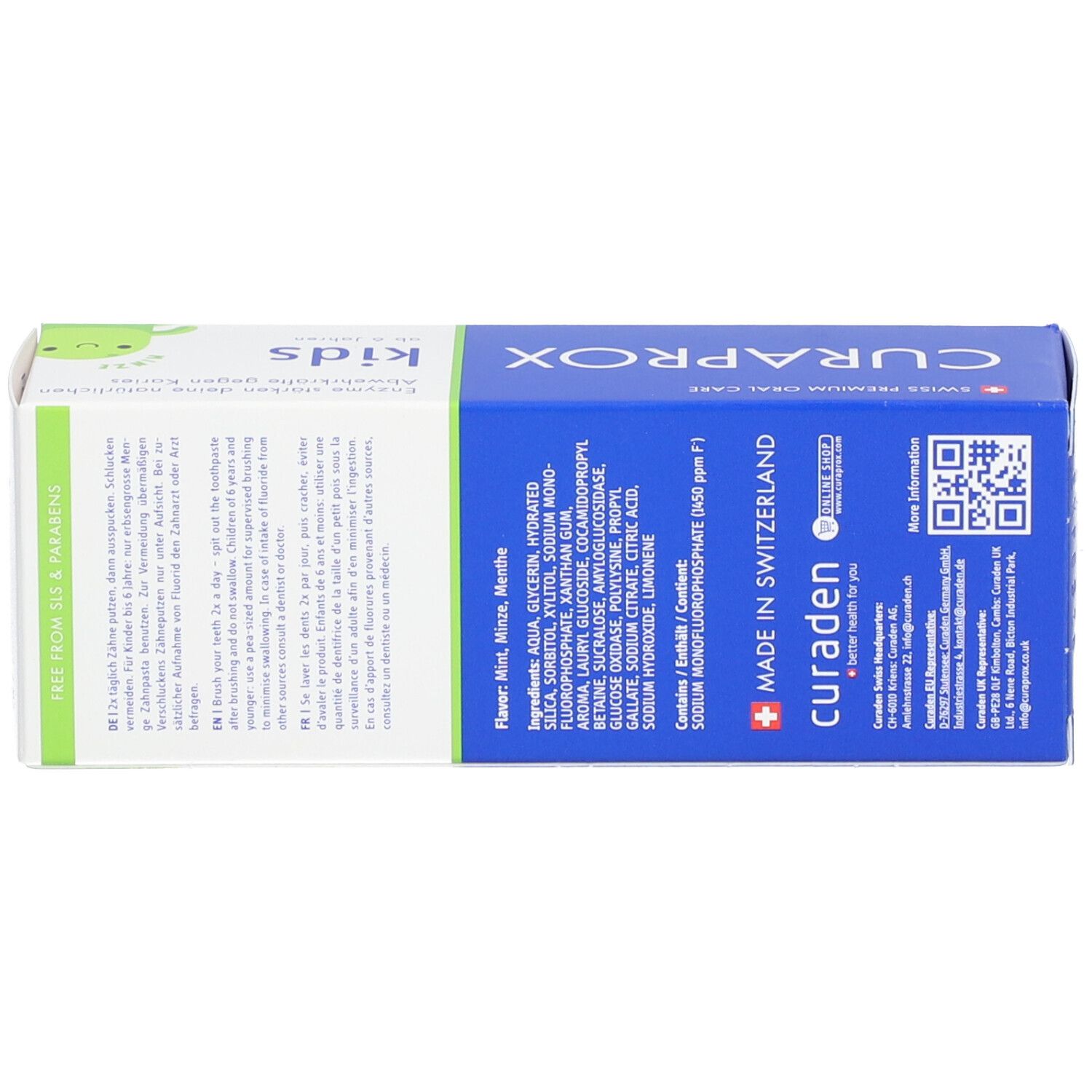 Schachtel, CURAPROX Kids. Inhaltsstoffe, hergestellt in der Schweiz. Enthält Natriummonofluorphosphat. Text: Made in Switzerland.