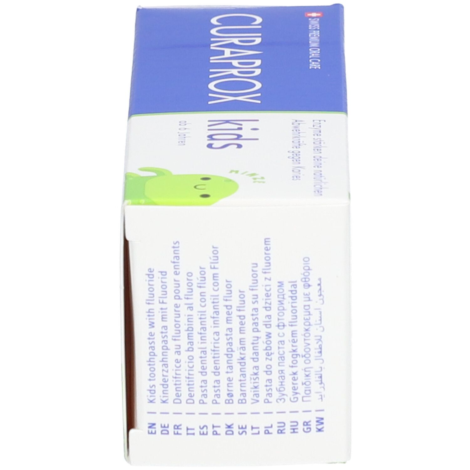 Schachtel, CURAPROX Kids. Text: Kids Zahnpasta mit Fluorid. Mehrsprachige Auflistung der Produktbezeichnung.