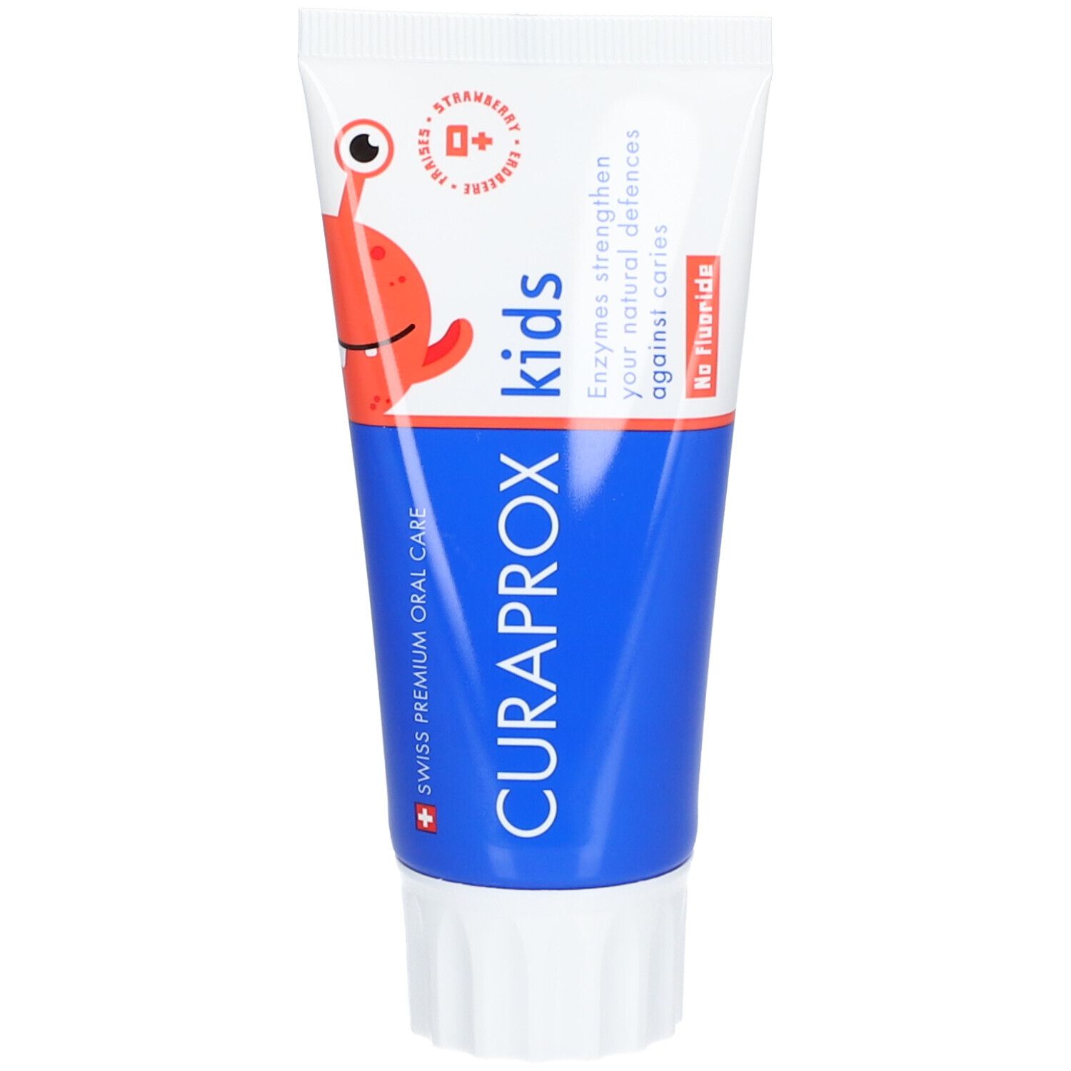 Zahncreme-Tube, blau-weiß. Aufschrift: CURAPROX kids, Erdbeergeschmack, ohne Fluorid. Mit Cartoon-Figur.