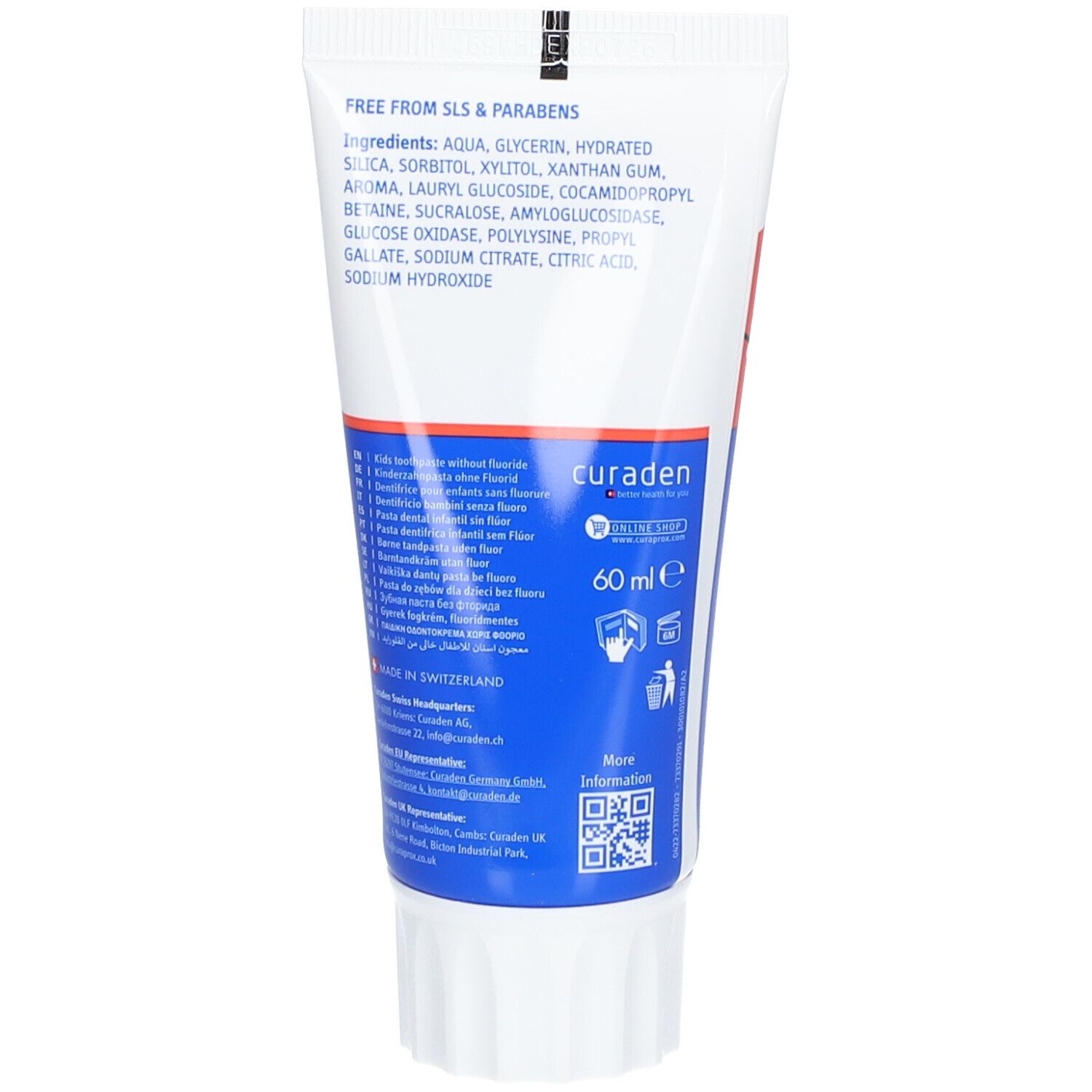 Rückseite der Zahncreme-Tube. Inhaltsstoffe und Informationen aufgedruckt. Enthält 60 ml.
