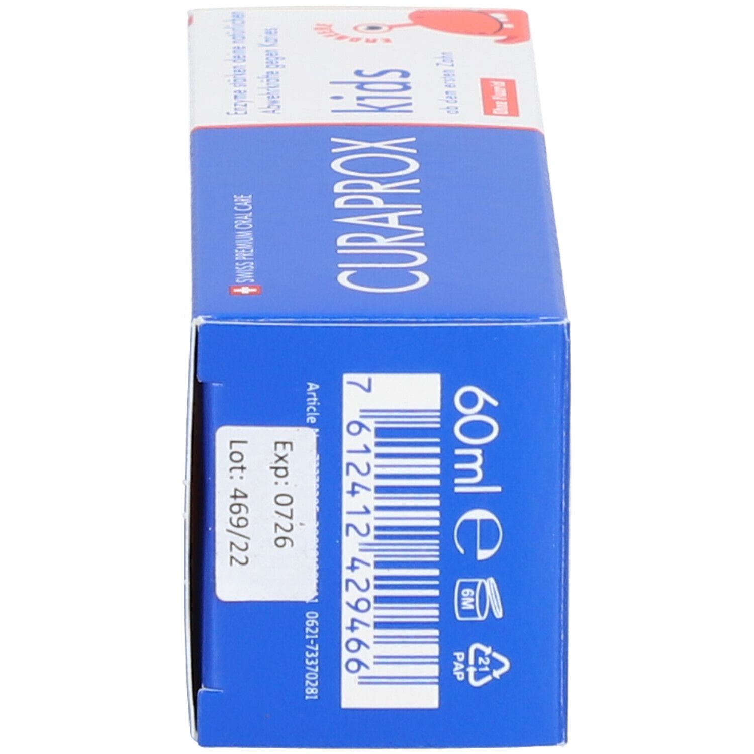 Zahncreme-Schachtel, blau. Aufgedruckt: 60 ml, Artikelnummer, Verfallsdatum, Chargennummer.