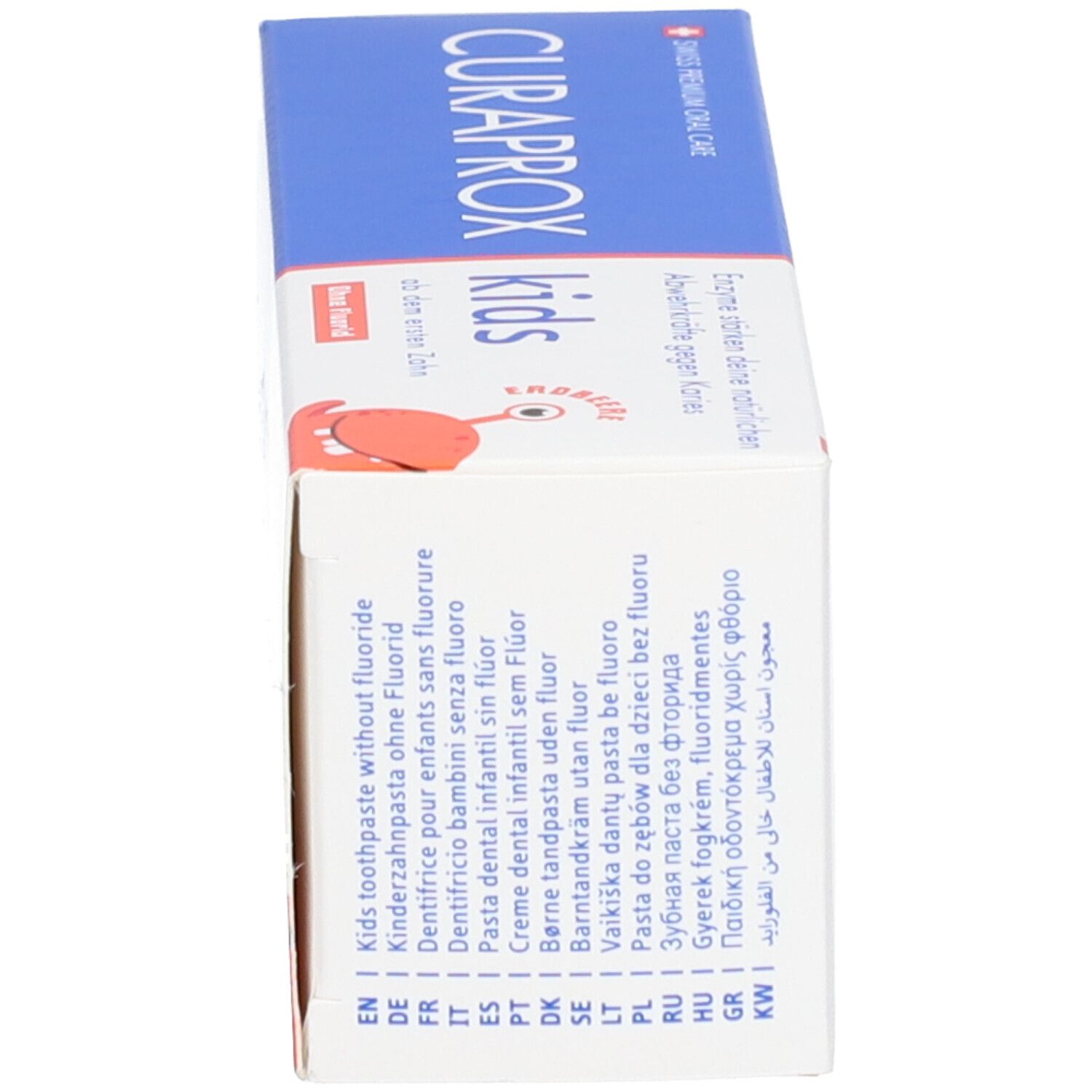 Zahncreme-Schachtel, blau-weiß. Aufgedruckt: Text in mehreren Sprachen: Zahnpasta ohne Fluorid.