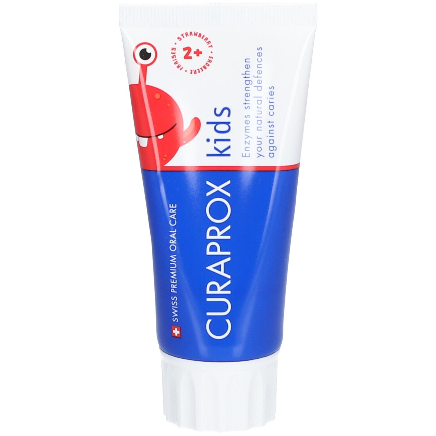 Zahncreme-Tube, blau-weiß. Aufdruck: CURAPROX kids, Erdbeergeschmack, 2+. Mit Cartoon-Figur.