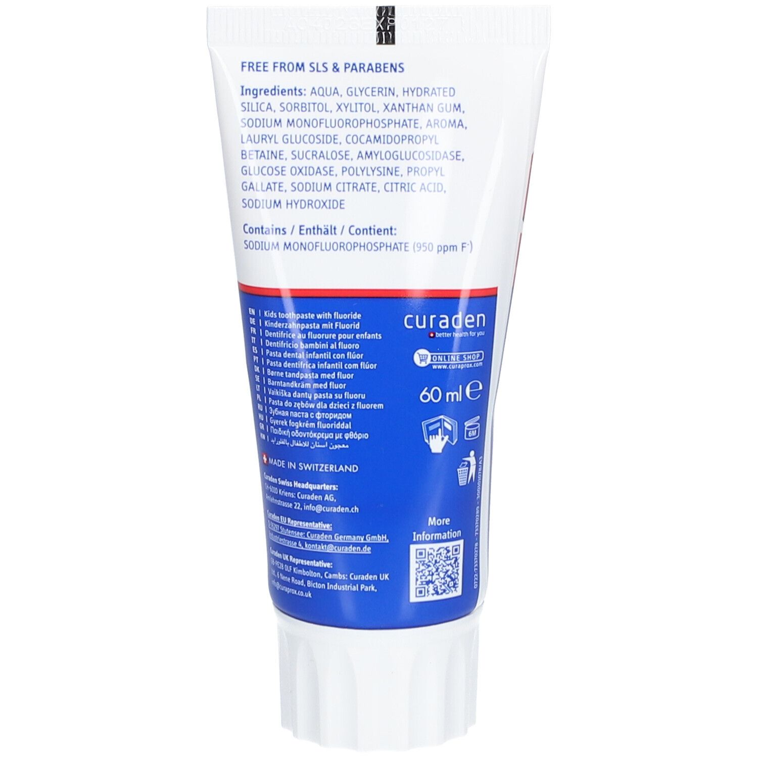 Rückseite der Zahncreme-Tube. Inhaltsstoffe und Herstellerinformationen. Enthält Natriummonofluorphosphat.