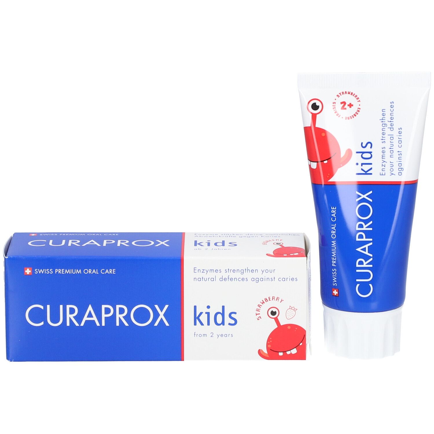 Zahncreme-Tube und -Schachtel. Aufdruck: CURAPROX kids. Cartoon-Figur. Schachtel mit Produktinformationen.