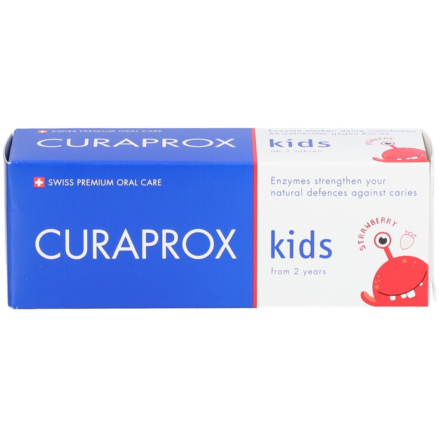 Zahncreme-Schachtel, blau-weiß. Aufdruck: CURAPROX kids, Cartoon-Figur. Produktinformationen.