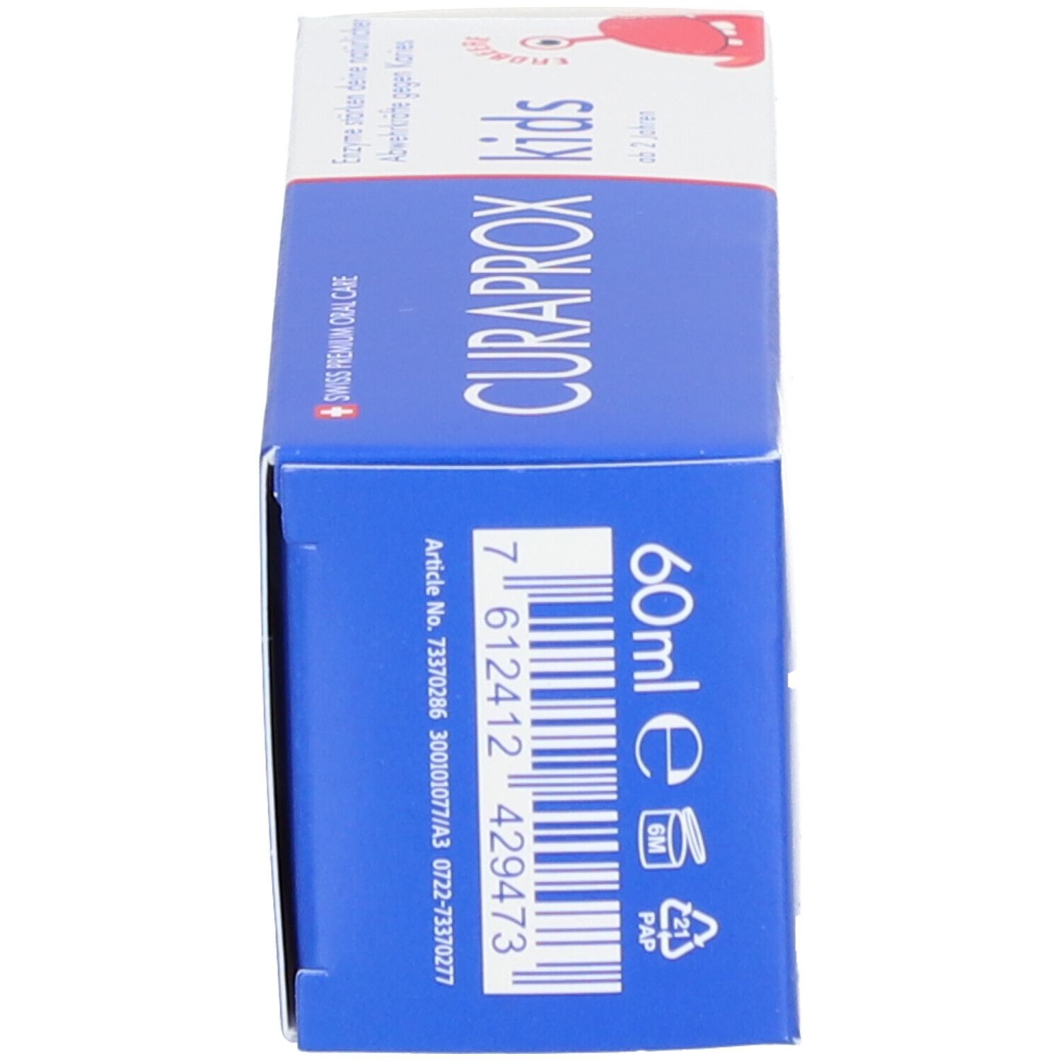 Zahncreme-Schachtel, blau. Aufdruck: CURAPROX kids, 60ml. Barcode und Produktinformationen.