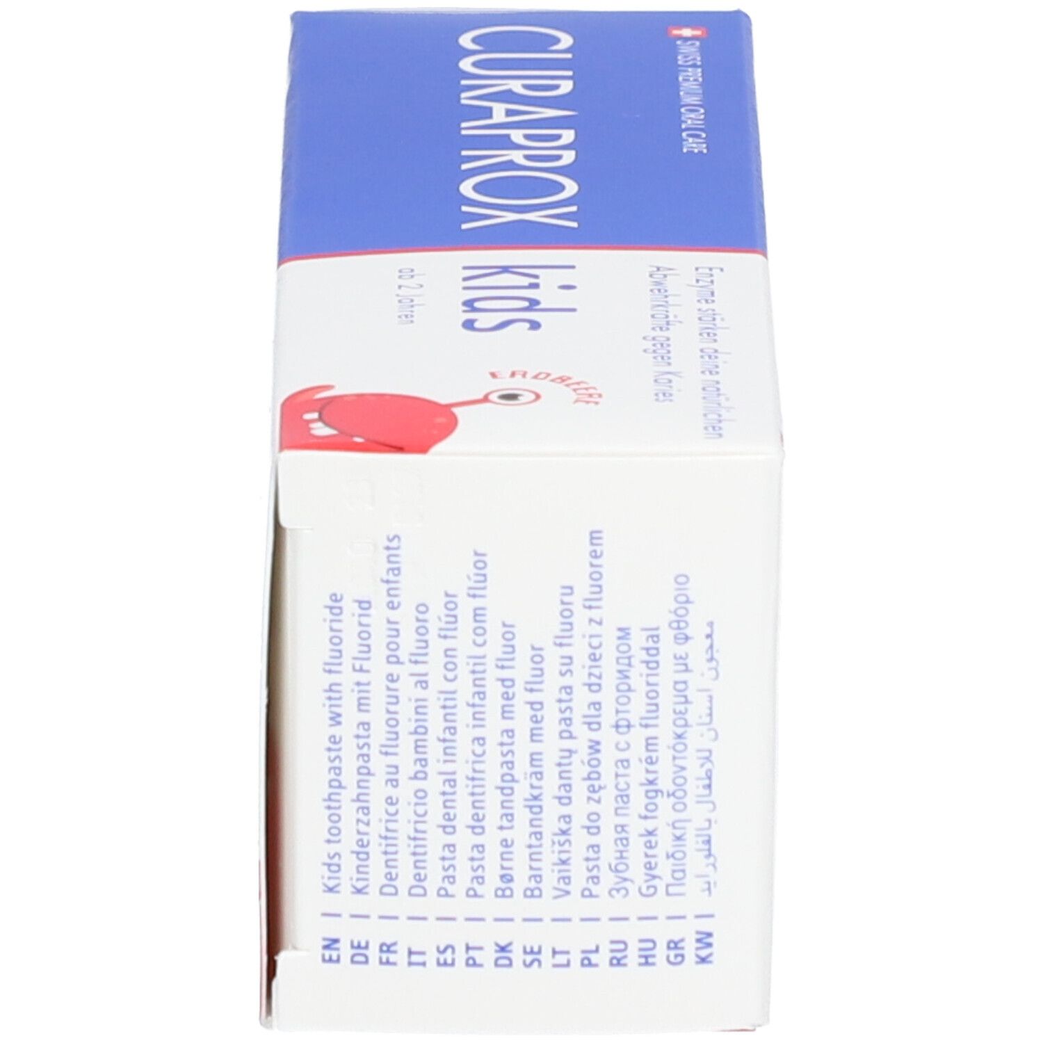 Zahncreme-Schachtel, blau-weiß. Aufdruck: CURAPROX kids. Text in mehreren Sprachen, Produktinformationen.