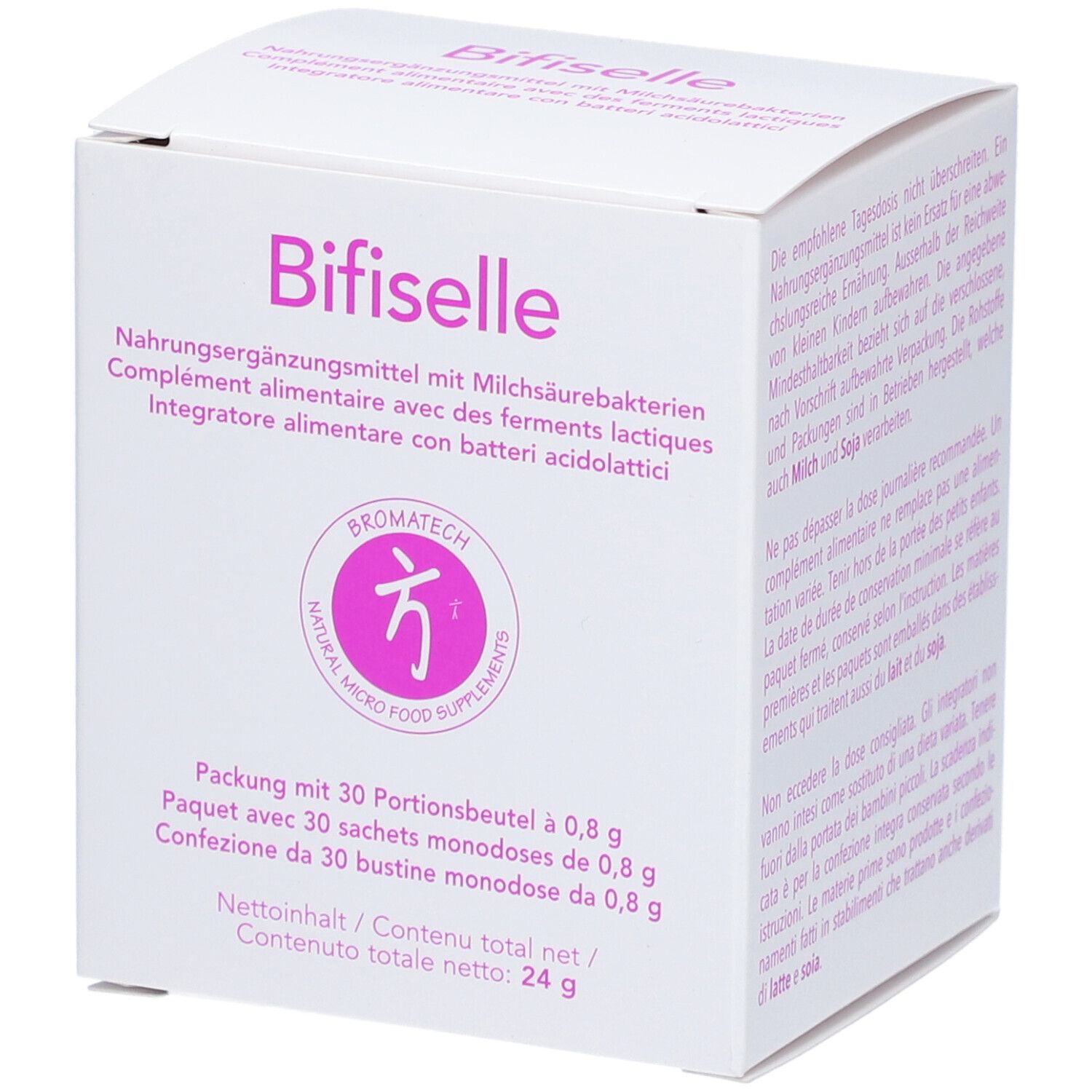 Boîte blanche avec inscription rose "Bifiselle". Contient 30 portions. Logo Bromatech.