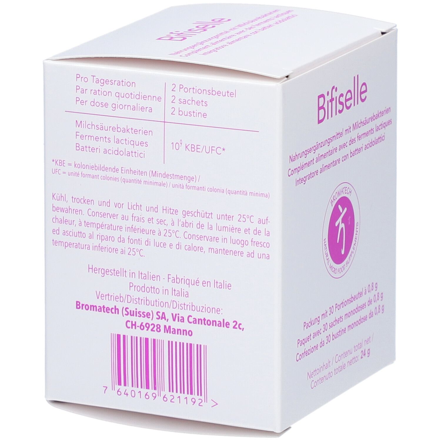 Boîte blanche avec inscription rose "Bifiselle". Dos avec informations et code-barres. Logo Bromatech.