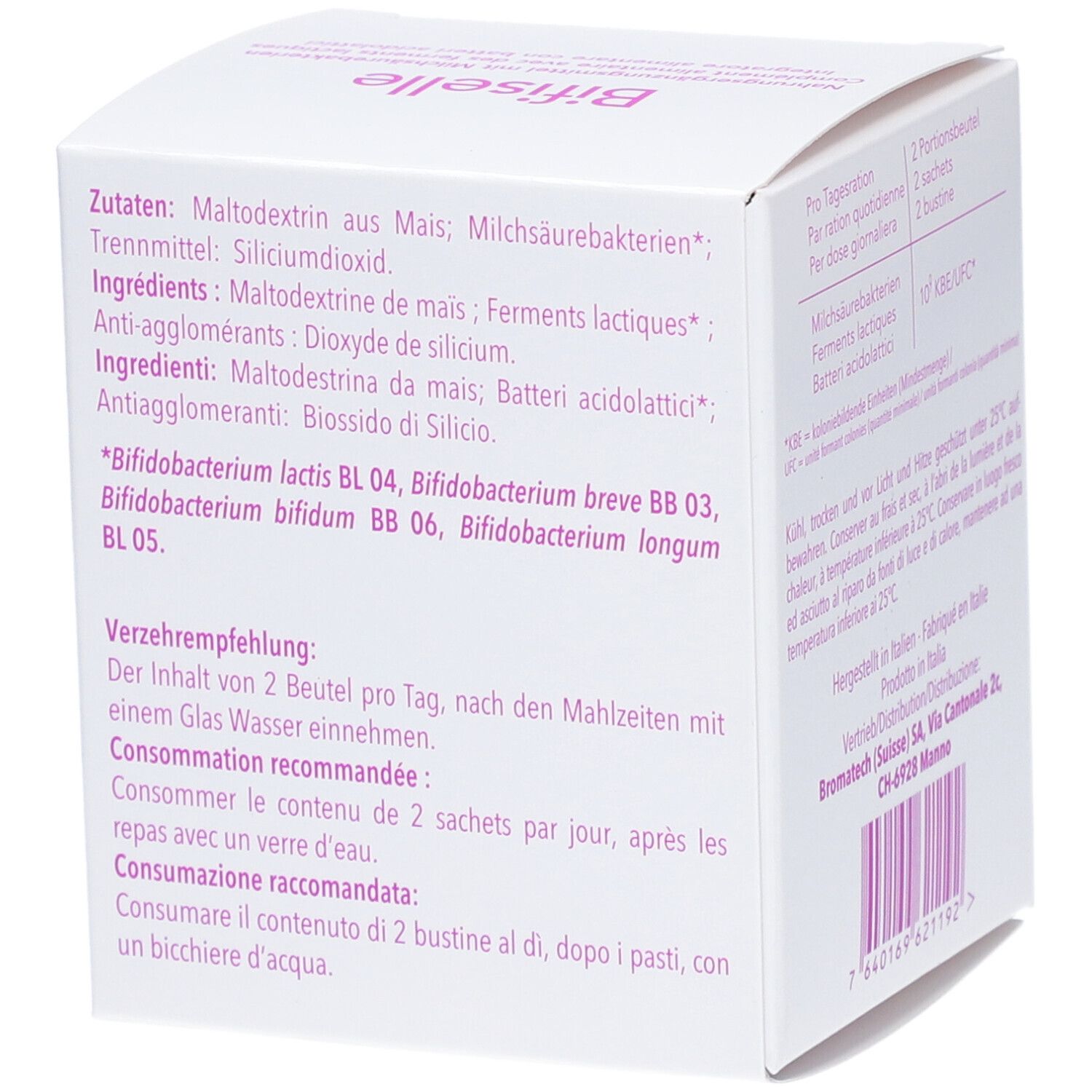 Boîte blanche avec inscription rose "Bifiselle". Côté avec ingrédients et recommandation de consommation.
