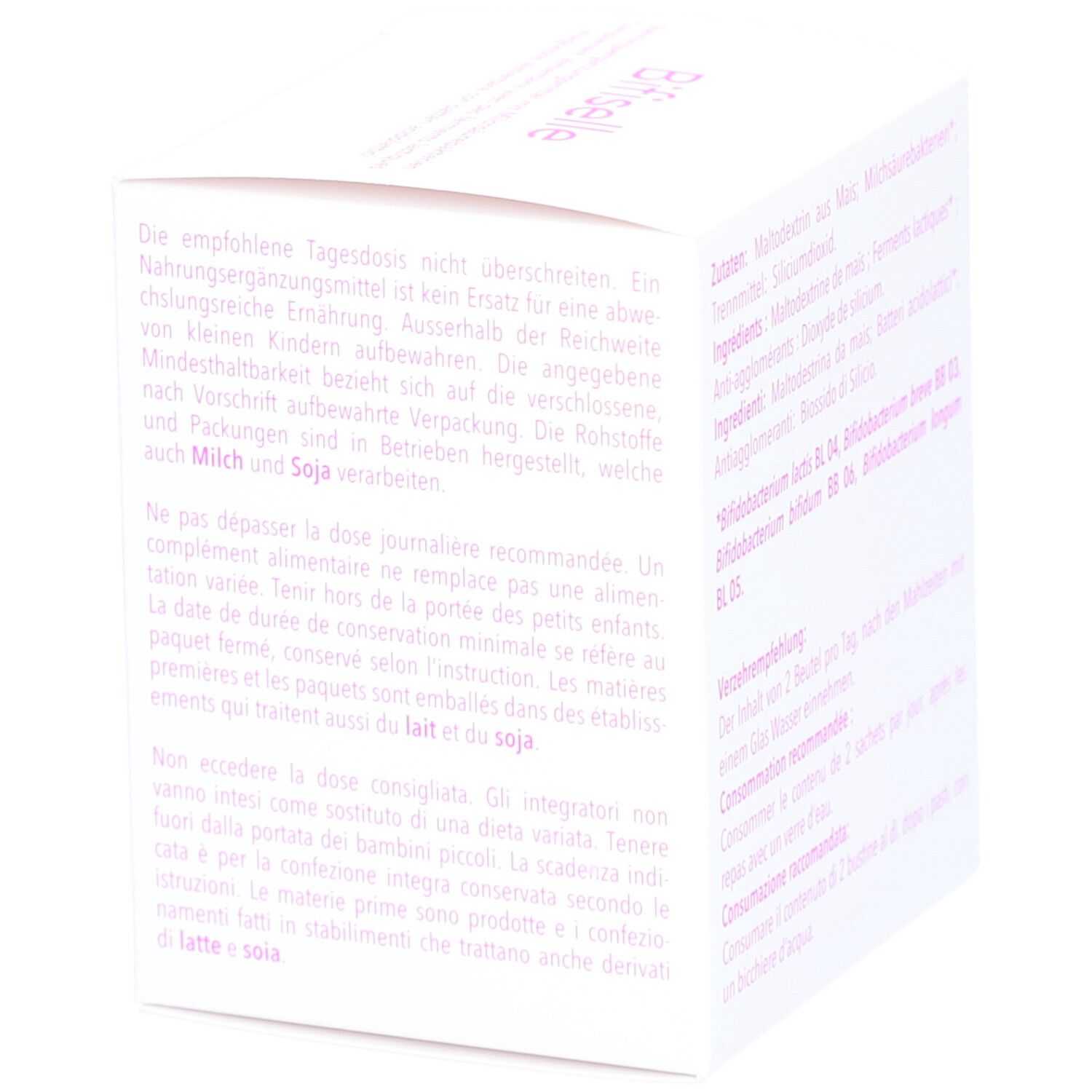 Boîte blanche avec inscription rose "Bifiselle". Côté avec avertissements et ingrédients.